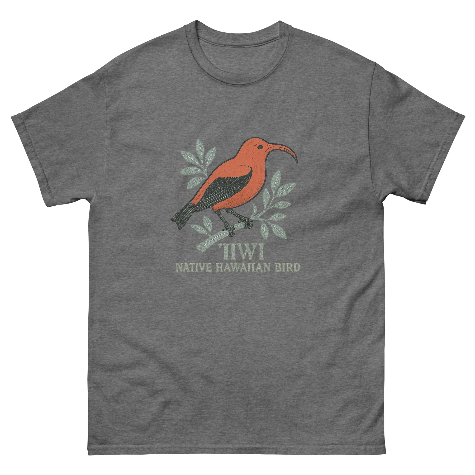 Iiwi Bird Hawaiian t-shirt design on a Graphite Heather unisex tee