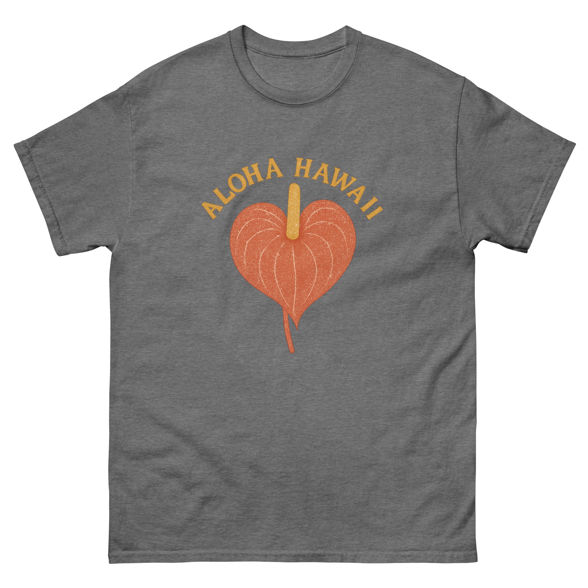 Anthurium Hawaiian t-shirt design on a Graphite Heather unisex tee
