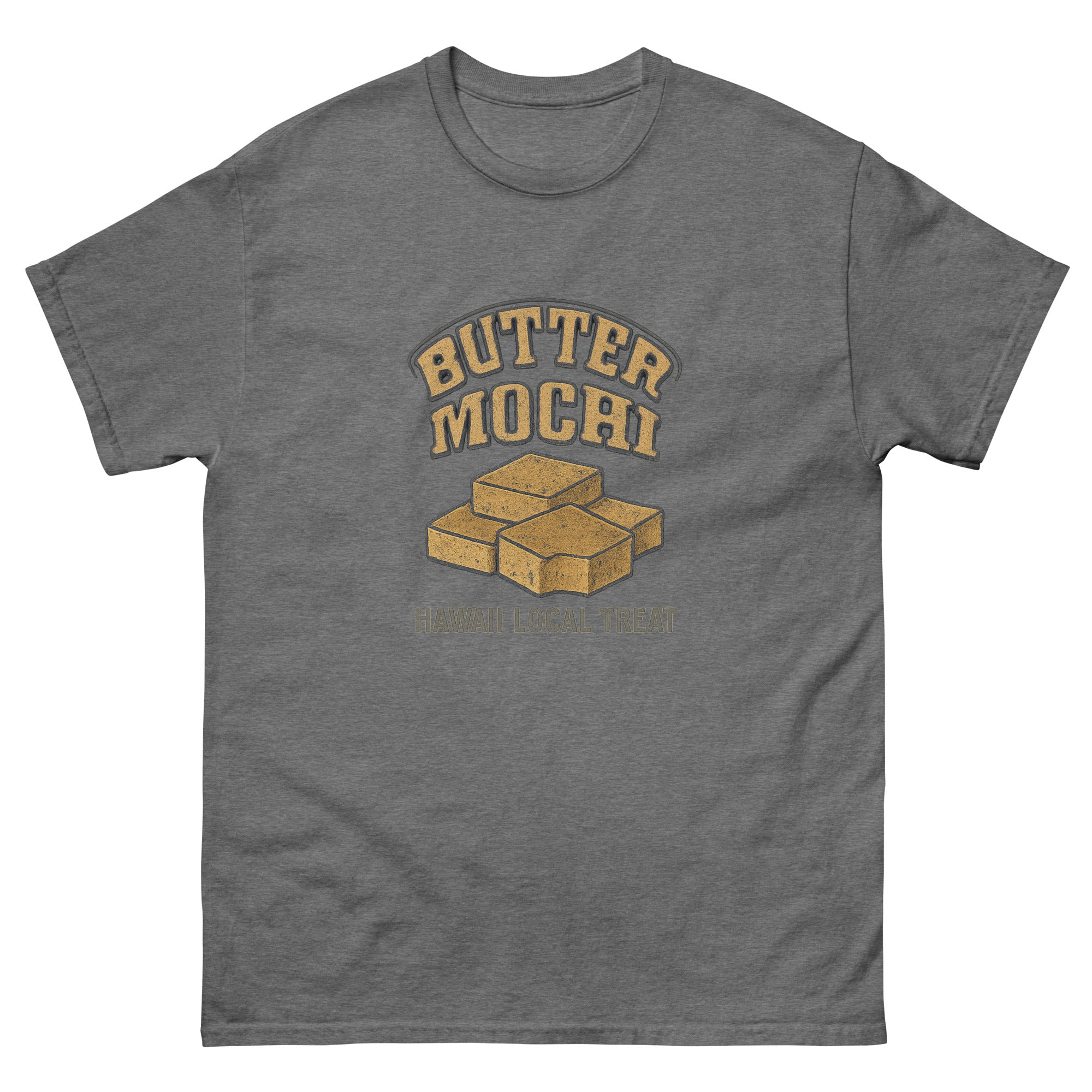 Butter Mochi Hawaiian t-shirt design on a Graphite Heather unisex tee