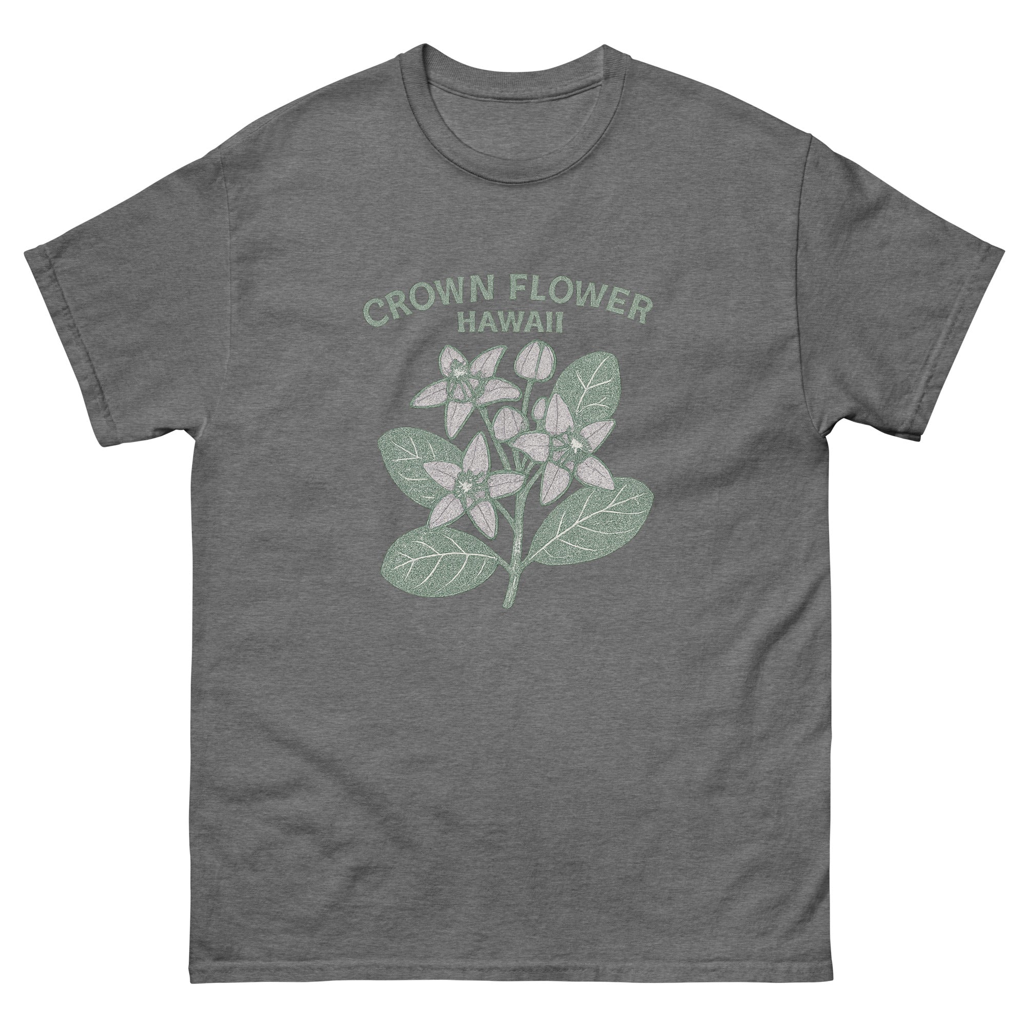 Crown Flower Hawaiian t-shirt design on a Graphite Heather unisex tee