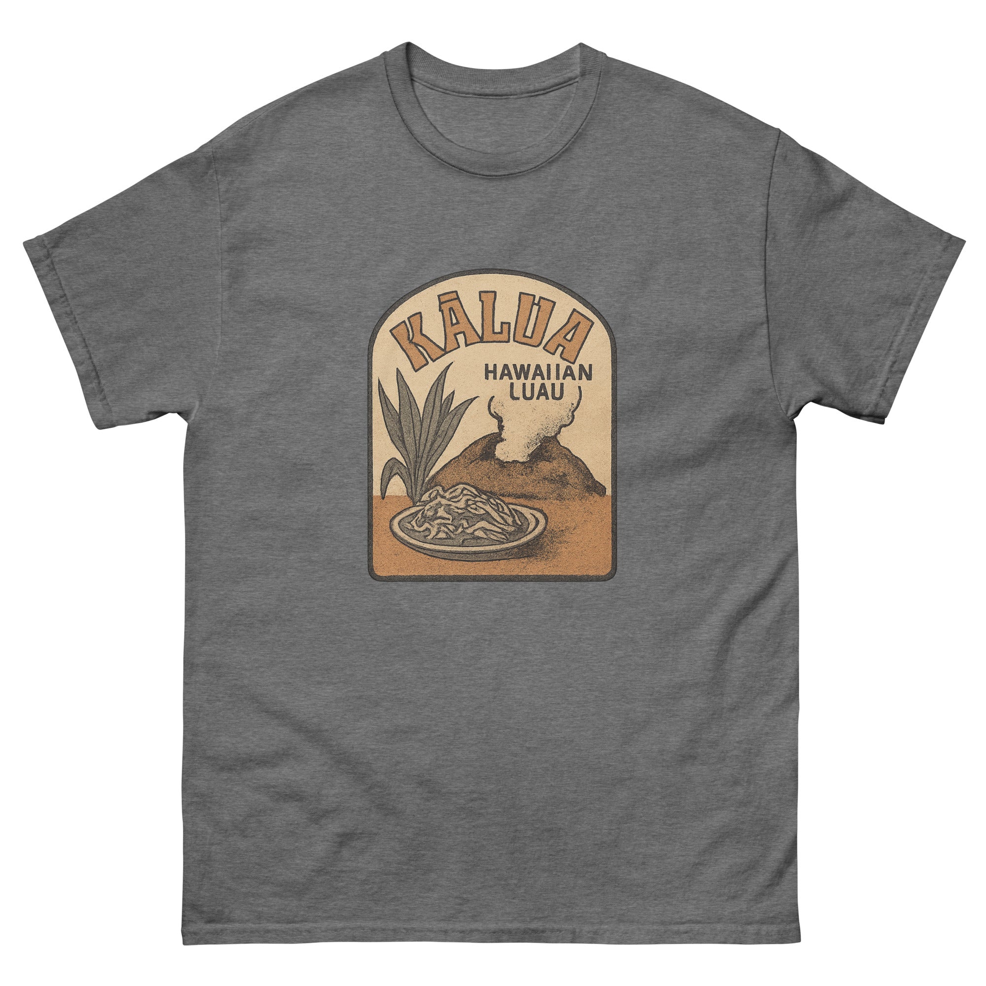 Kalua Pig Hawaiian t-shirt design on a Graphite Heather unisex tee
