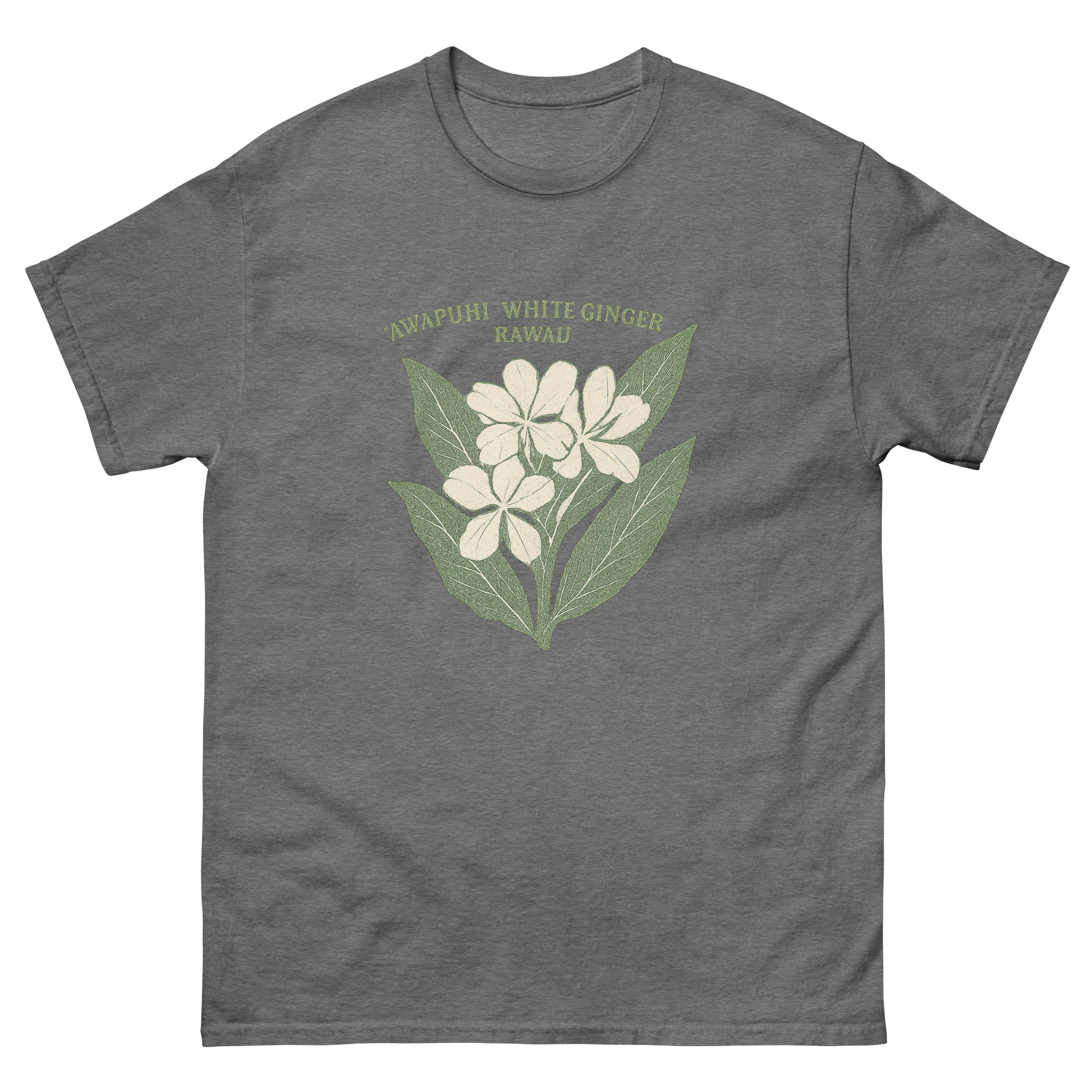White Ginger Hawaiian t-shirt design on a Graphite Heather unisex tee