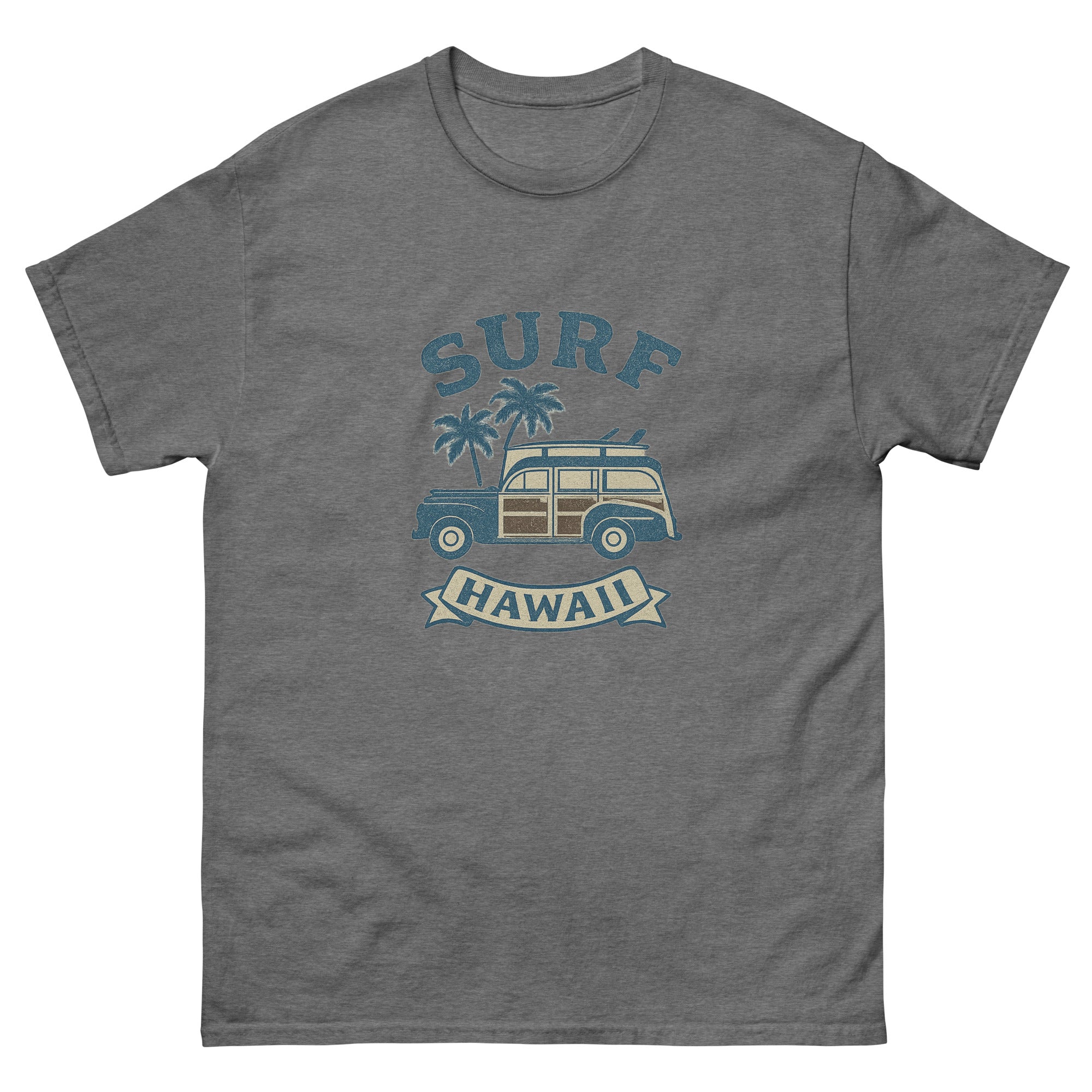 Woody Wagon Hawaiian t-shirt design on a Graphite Heather unisex tee