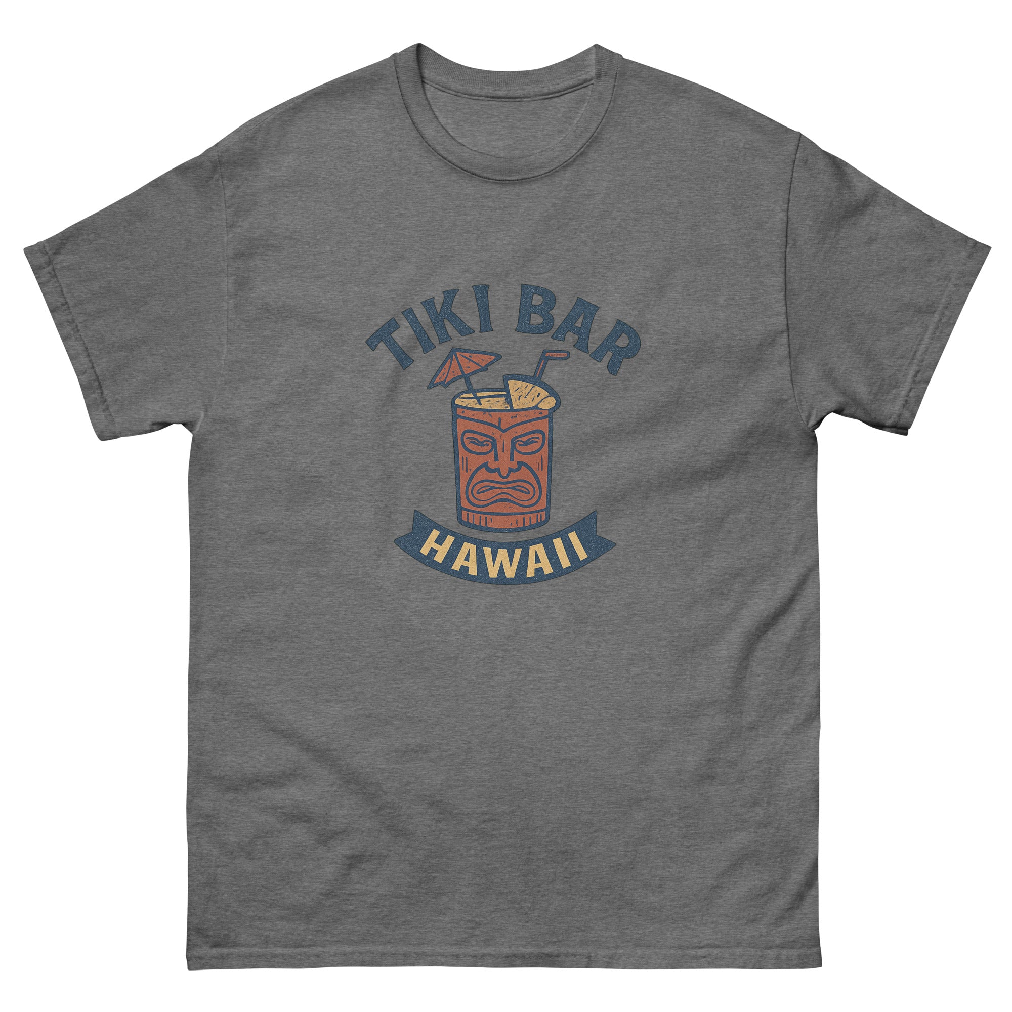 Tiki Mug Hawaiian t-shirt design on a Graphite Heather unisex tee