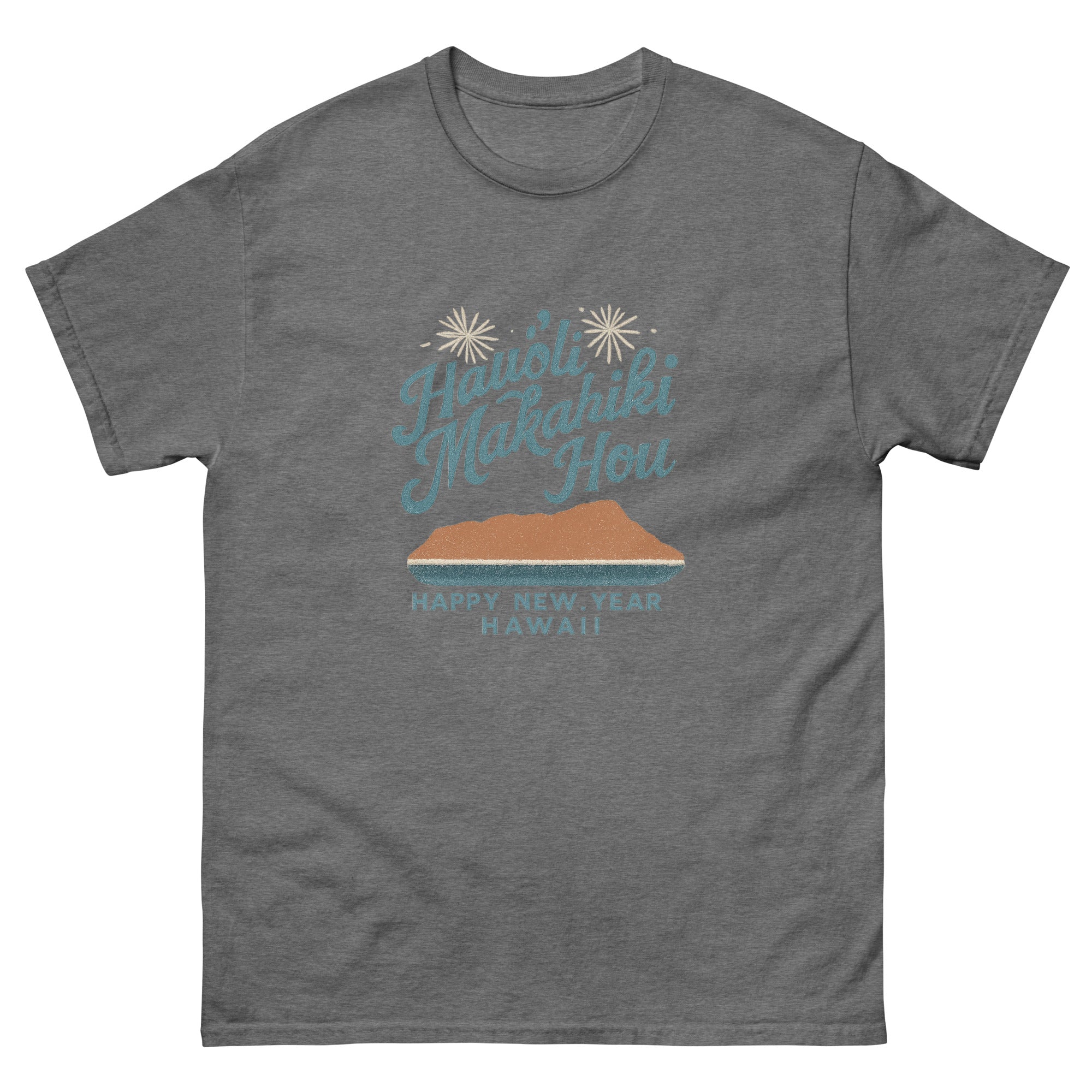 Hauoli Makahiki Hou Hawaiian t-shirt design on a Graphite Heather unisex tee