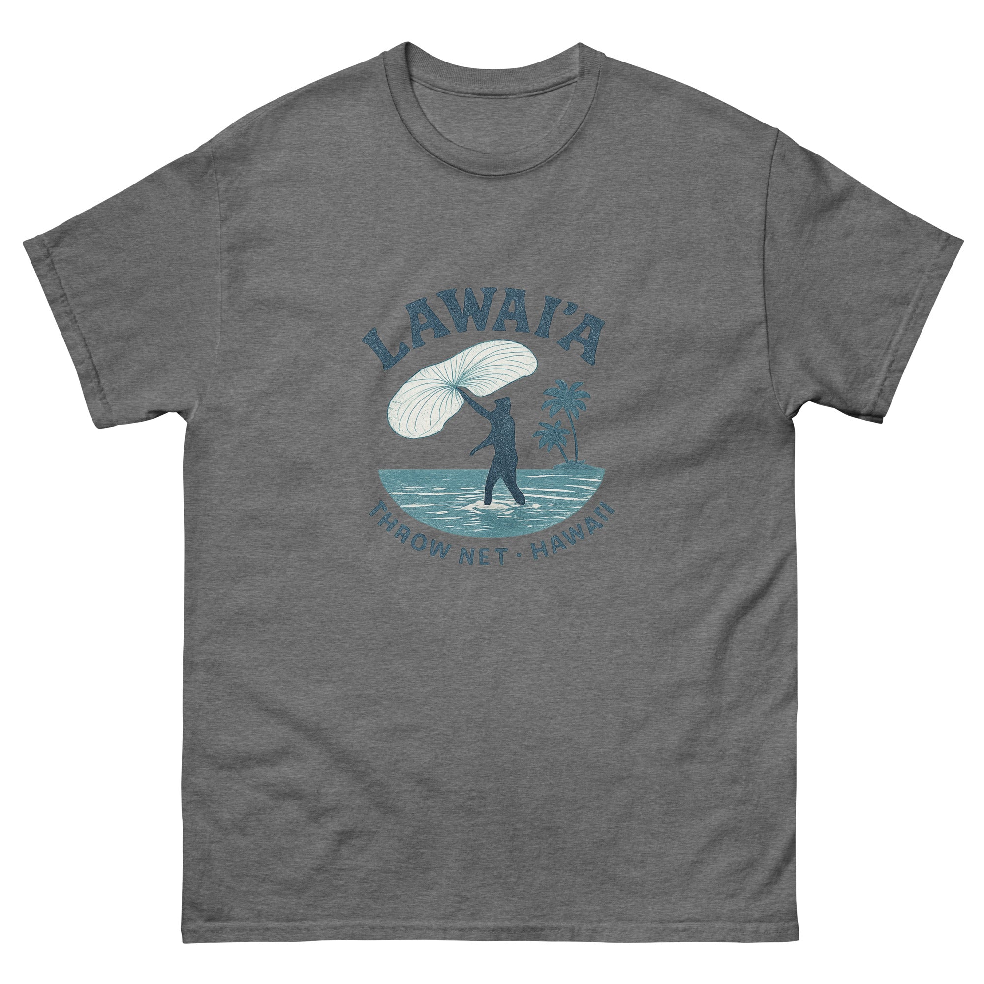 Throw Net Fishing Hawaiian t-shirt design on a Graphite Heather unisex tee
