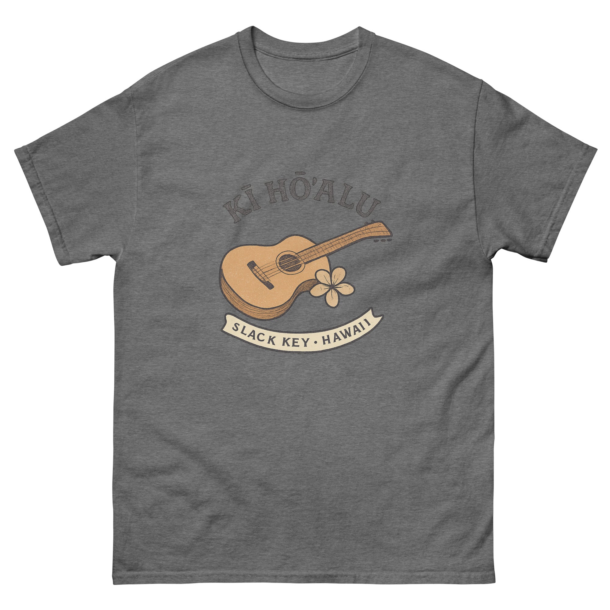Slack Key Guitar Hawaiian t-shirt design on a Graphite Heather unisex tee