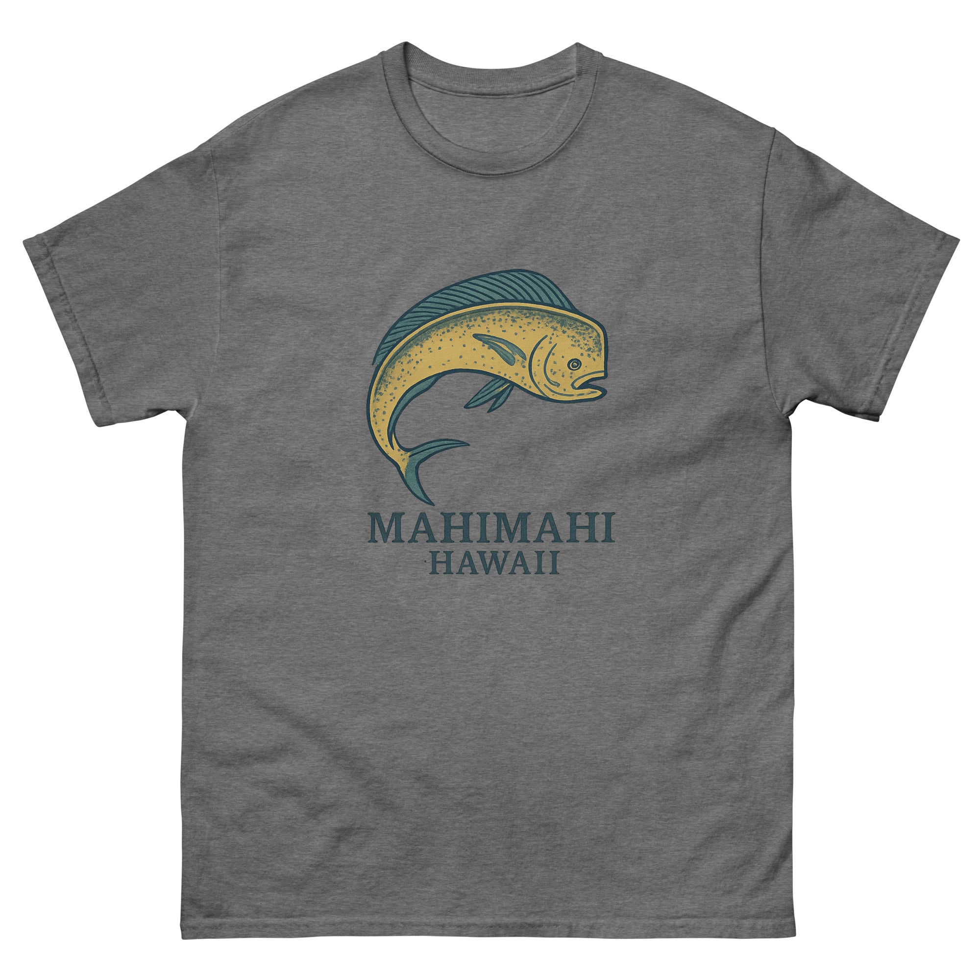 Mahimahi Hawaiian t-shirt design on a Graphite Heather unisex tee