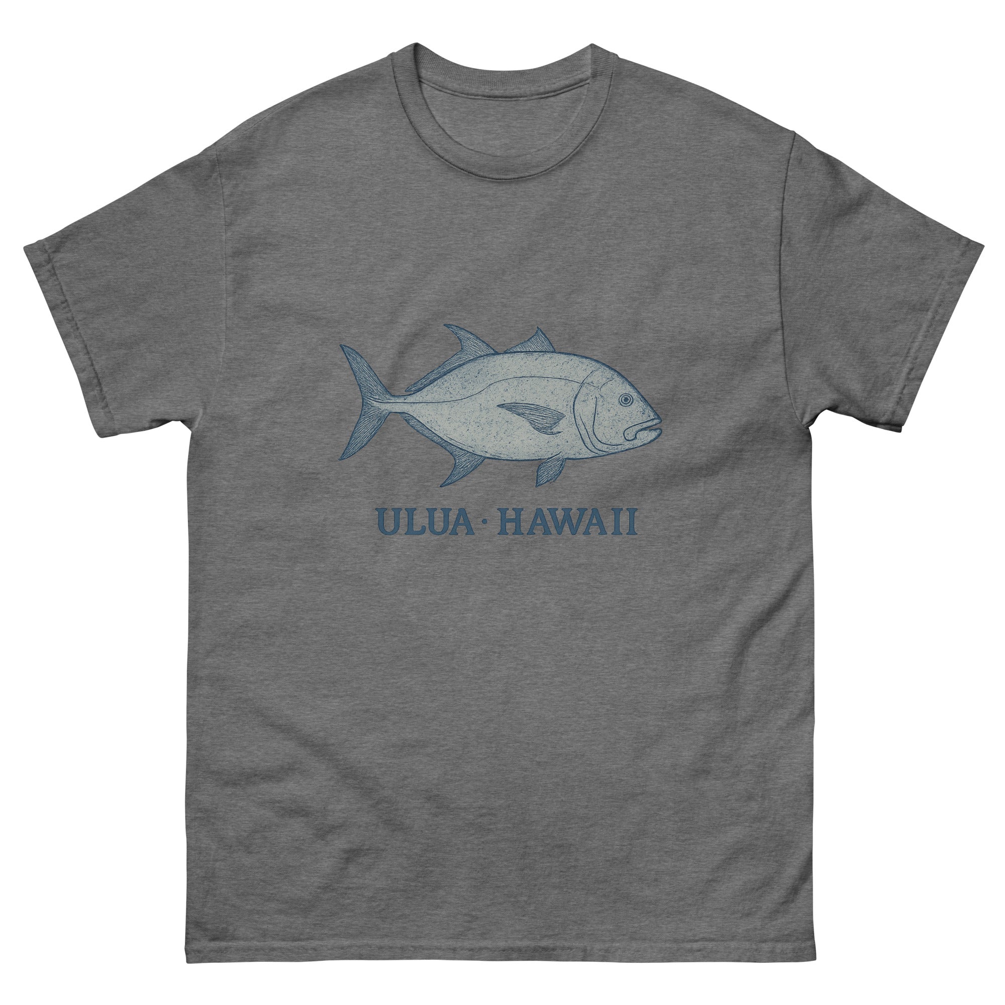 Ulua Hawaiian t-shirt design on a Graphite Heather unisex tee