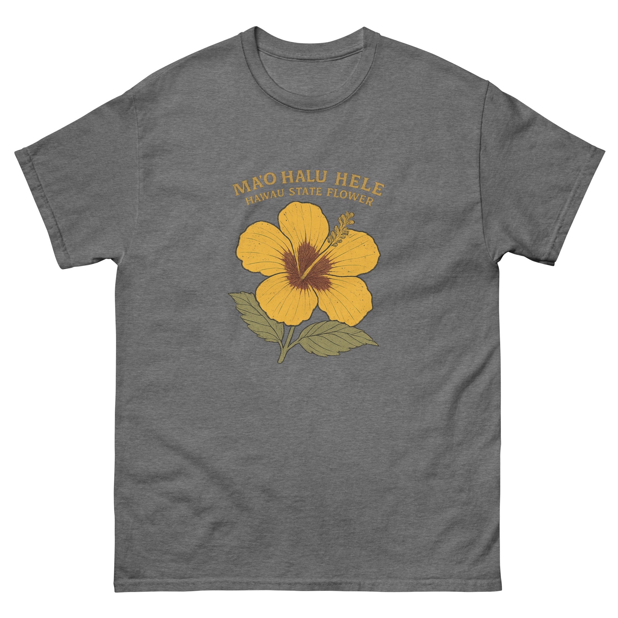 Yellow Hibiscus Hawaiian t-shirt design on a Graphite Heather unisex tee