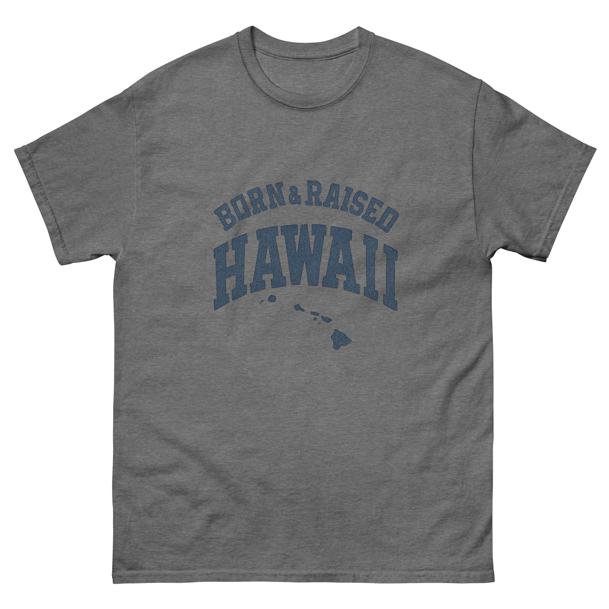 Born And Raised Hawaii Hawaiian t-shirt design on a Graphite Heather unisex tee