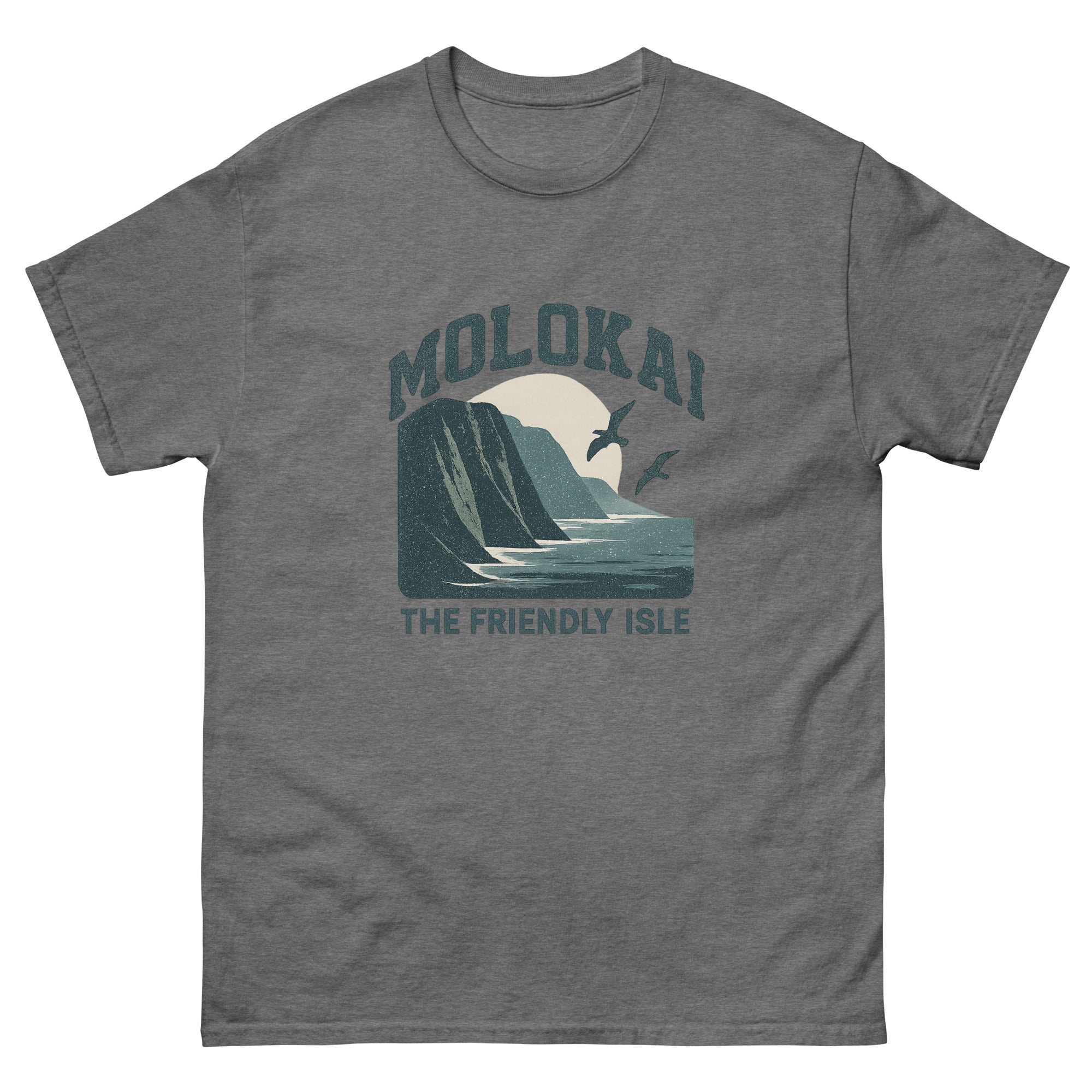 Molokai Hawaiian t-shirt design on a Graphite Heather unisex tee