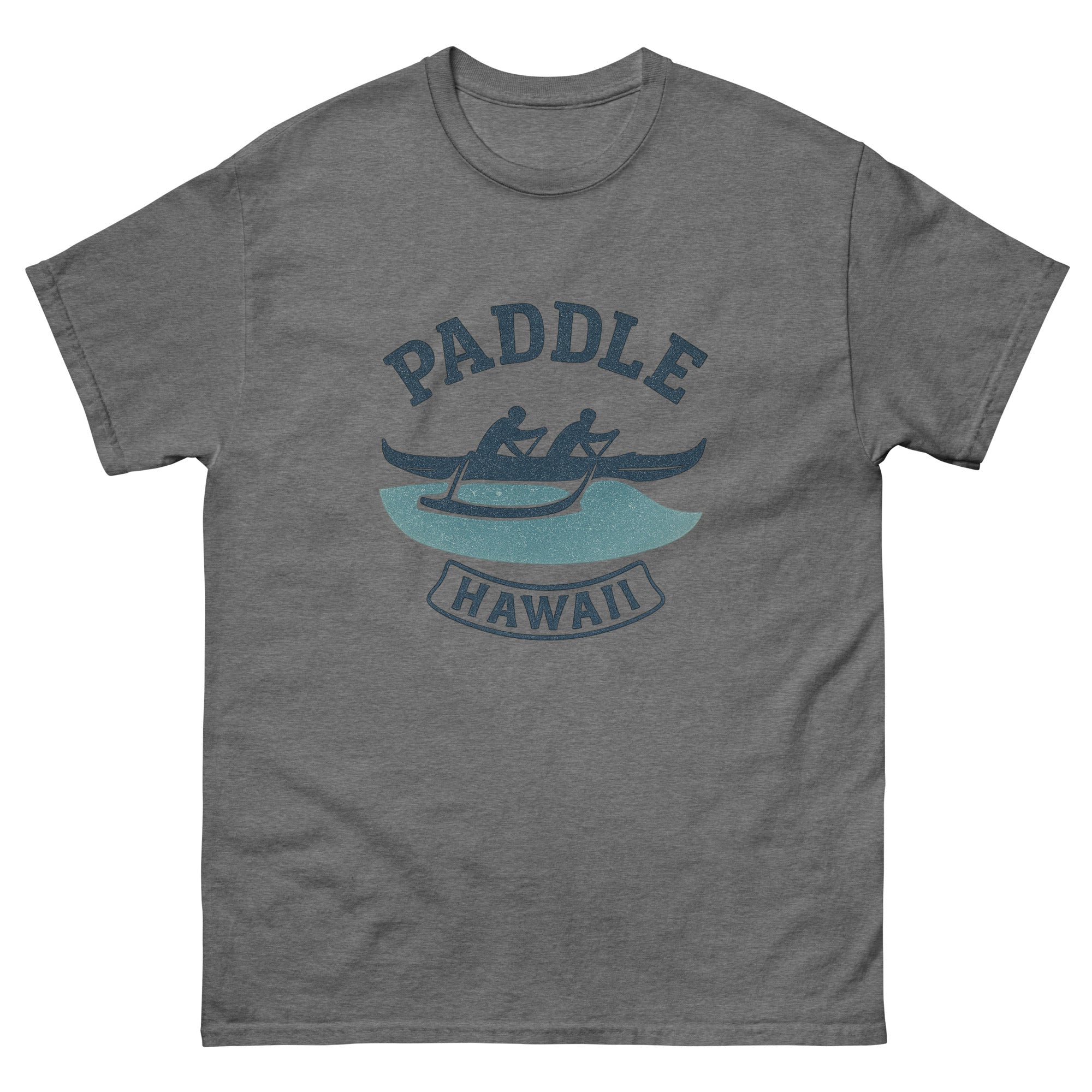 Outrigger Canoe Hawaiian t-shirt design on a Graphite Heather unisex tee