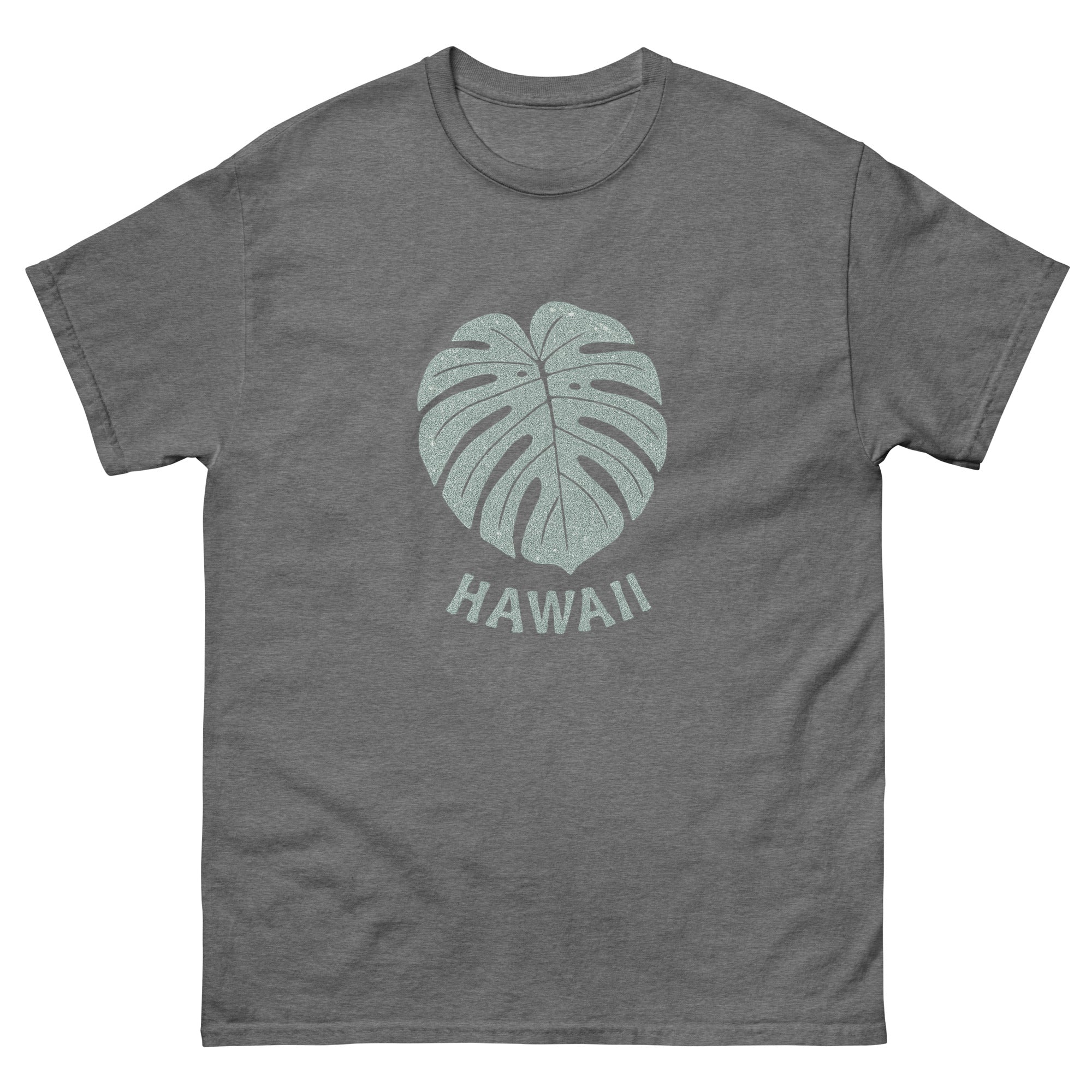 Monstera Leaf Hawaiian t-shirt design on a Graphite Heather unisex tee