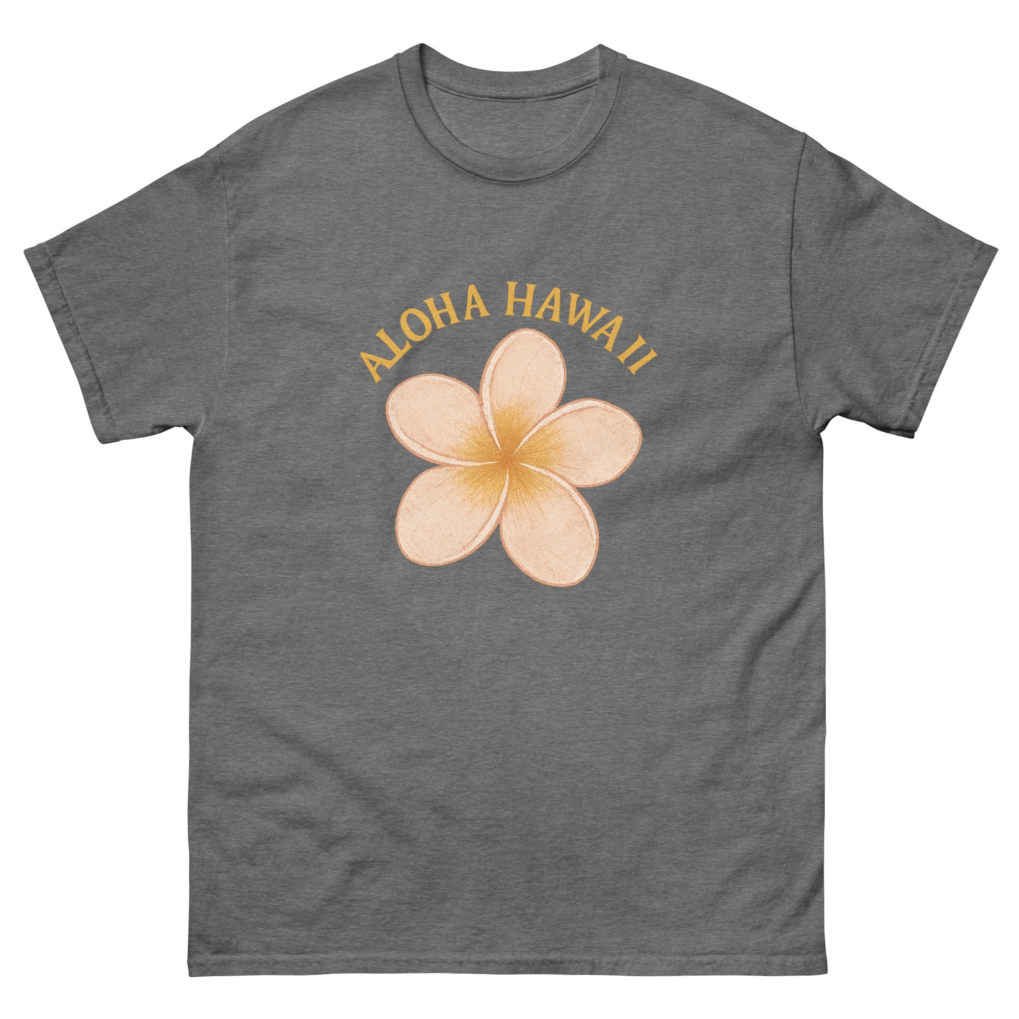 Plumeria Hawaiian t-shirt design on a Graphite Heather unisex tee