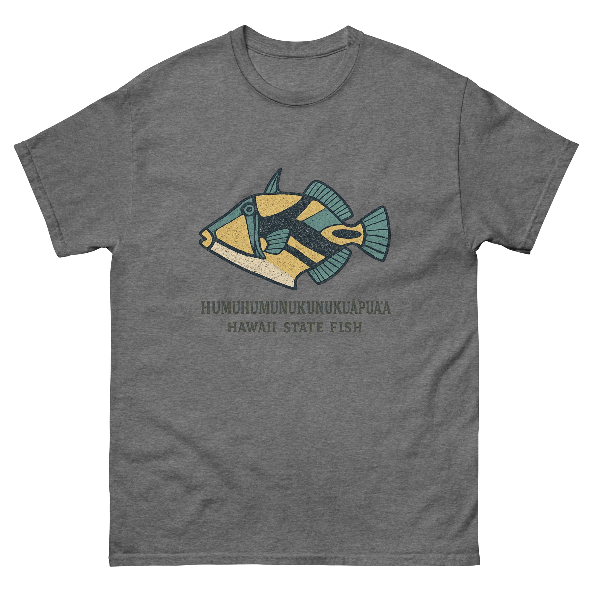 Humuhumu Fish Hawaiian t-shirt design on a Graphite Heather unisex tee
