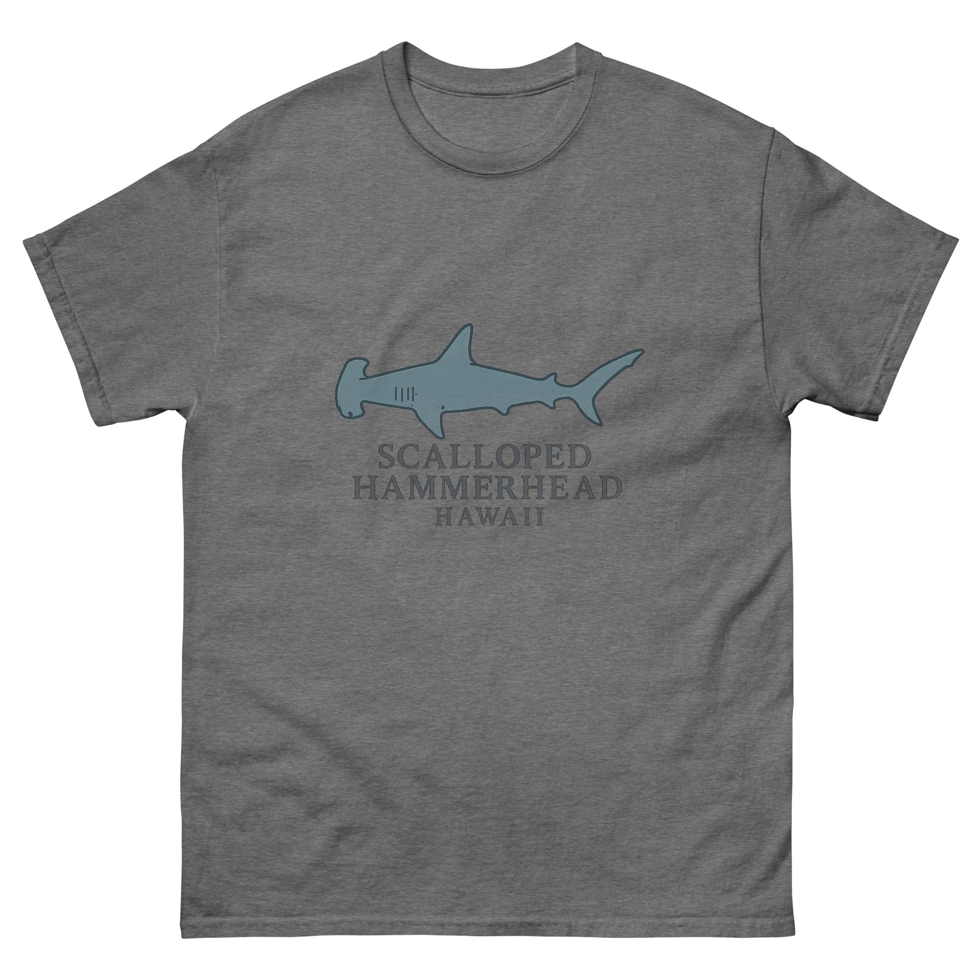Hammerhead Shark Hawaiian t-shirt design on a Graphite Heather unisex tee