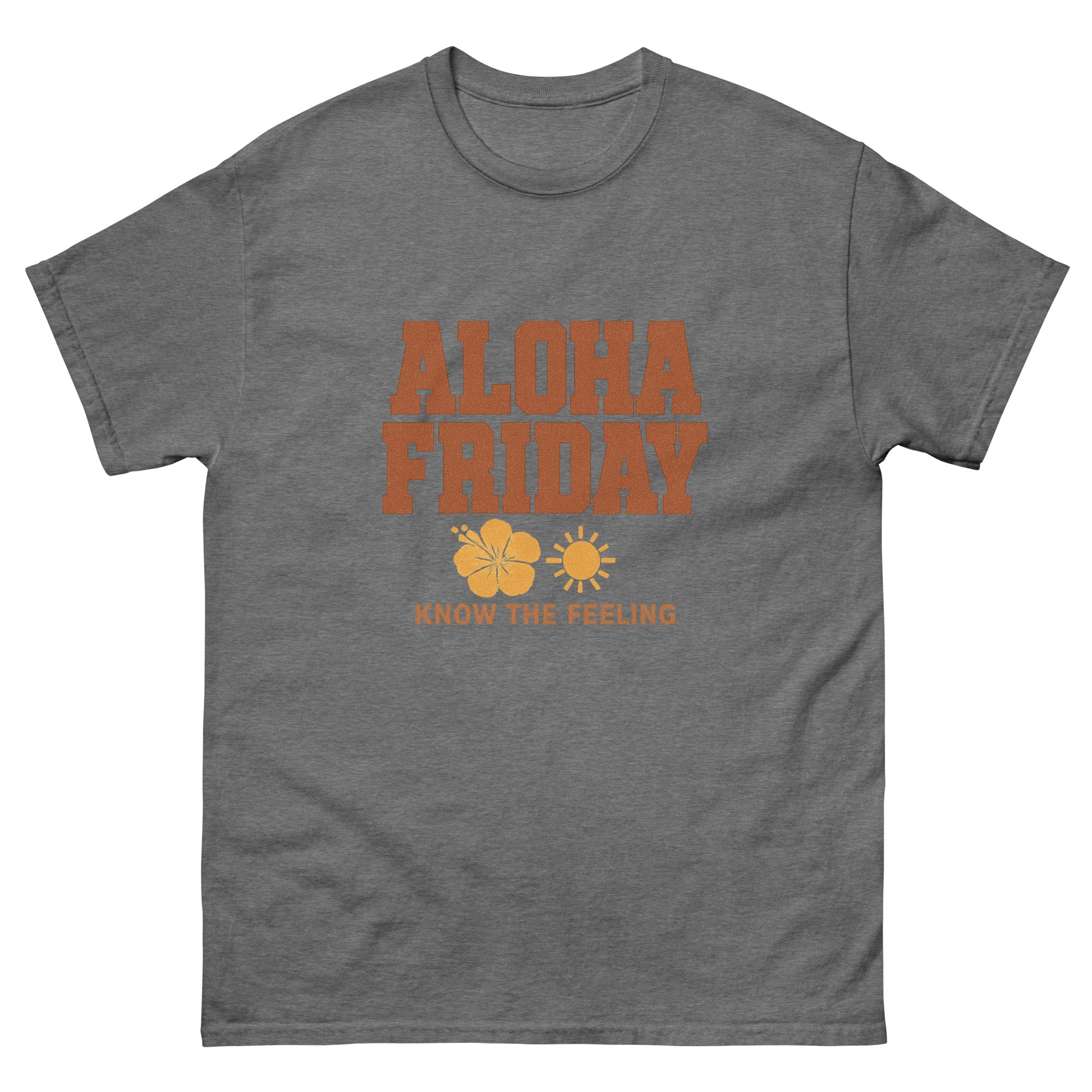 Aloha Friday Hawaiian t-shirt design on a Graphite Heather unisex tee