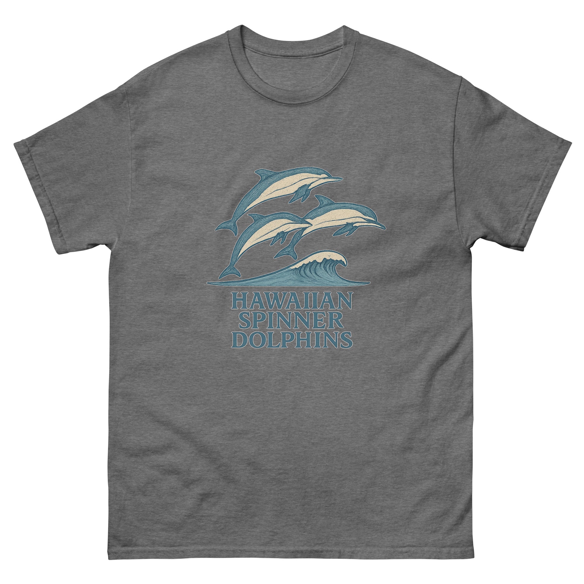 Spinner Dolphins Hawaiian t-shirt design on a Graphite Heather unisex tee