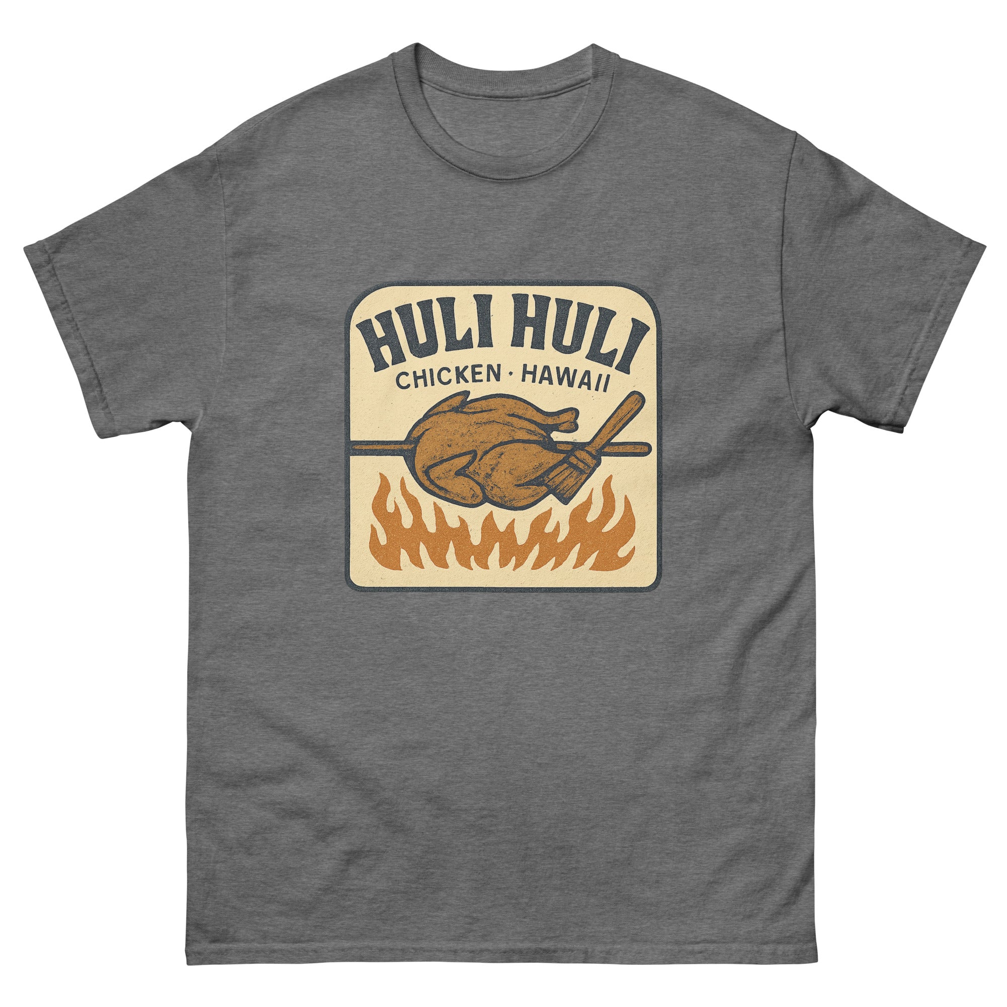 Huli Huli Chicken Hawaiian t-shirt design on a Graphite Heather unisex tee