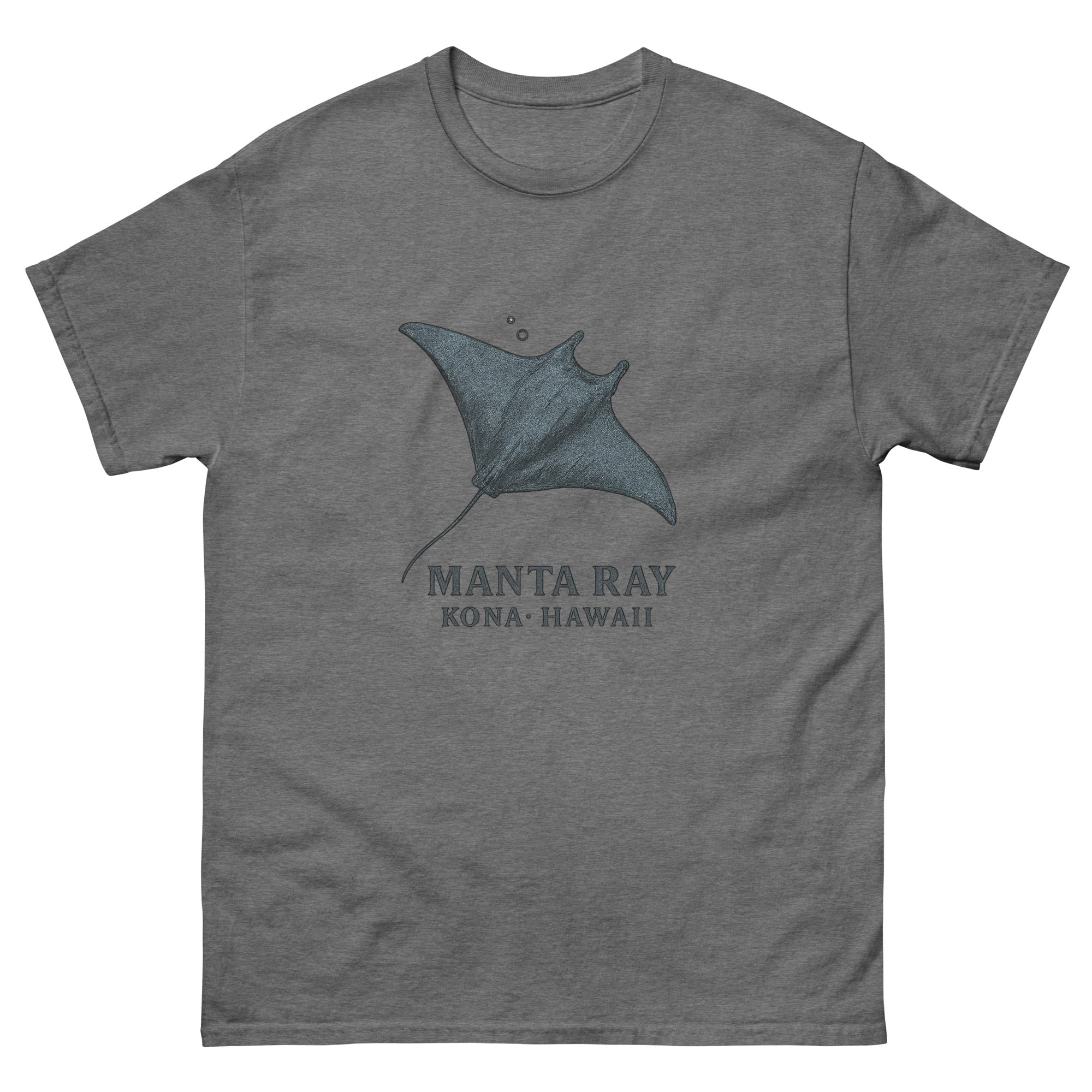 Manta Ray Hawaiian t-shirt design on a Graphite Heather unisex tee