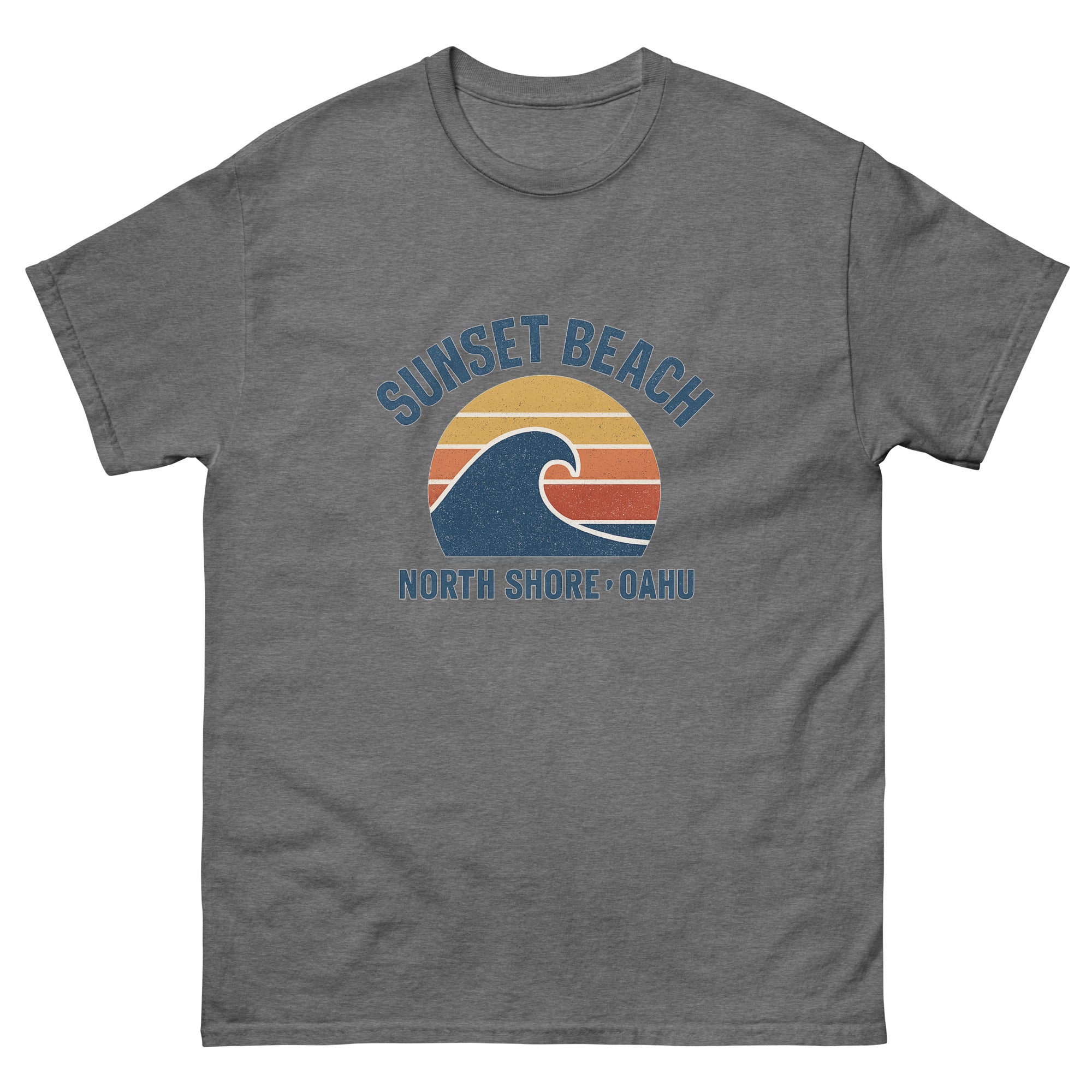 Sunset Beach Hawaiian t-shirt design on a Graphite Heather unisex tee