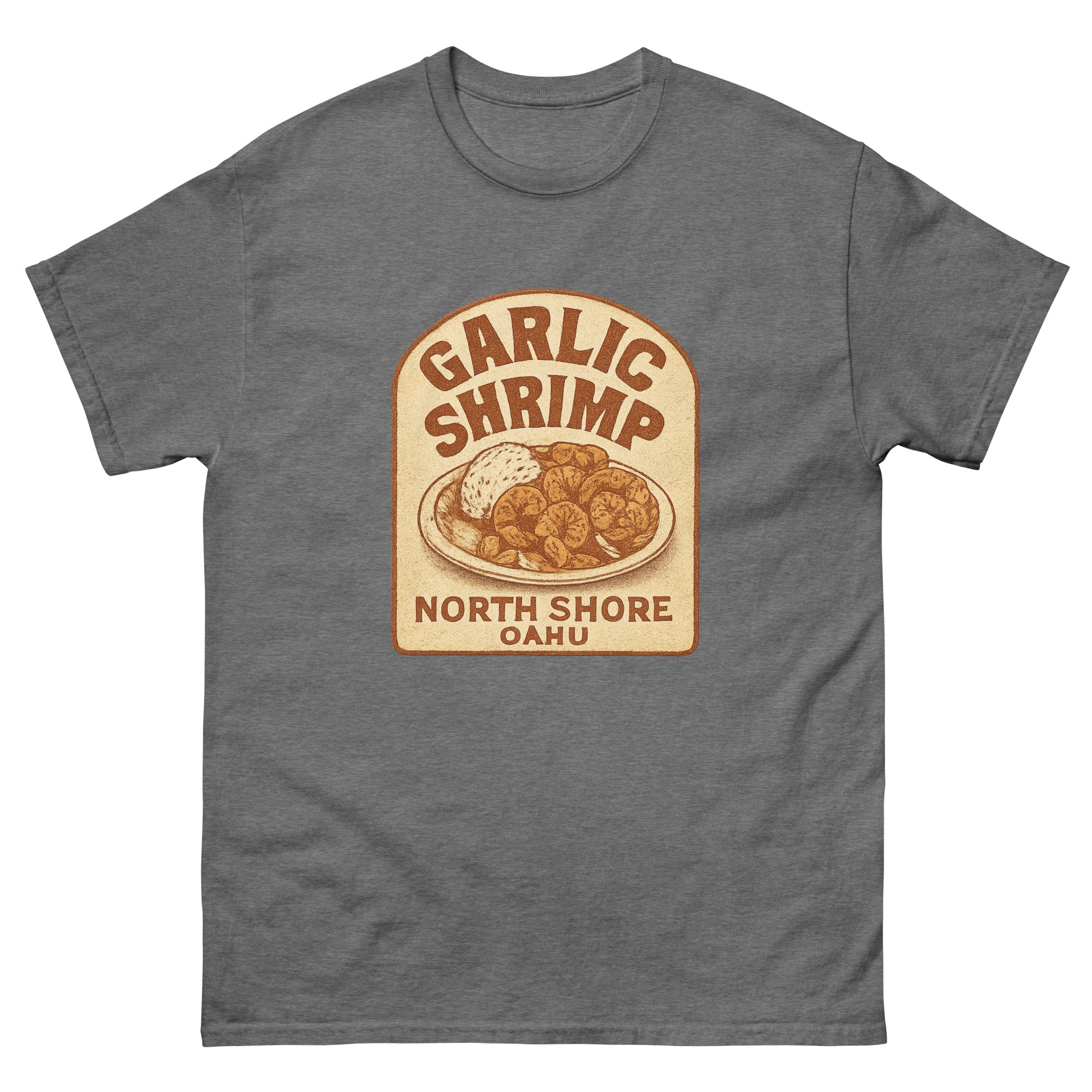 Garlic Shrimp Truck Hawaiian t-shirt design on a Graphite Heather unisex tee