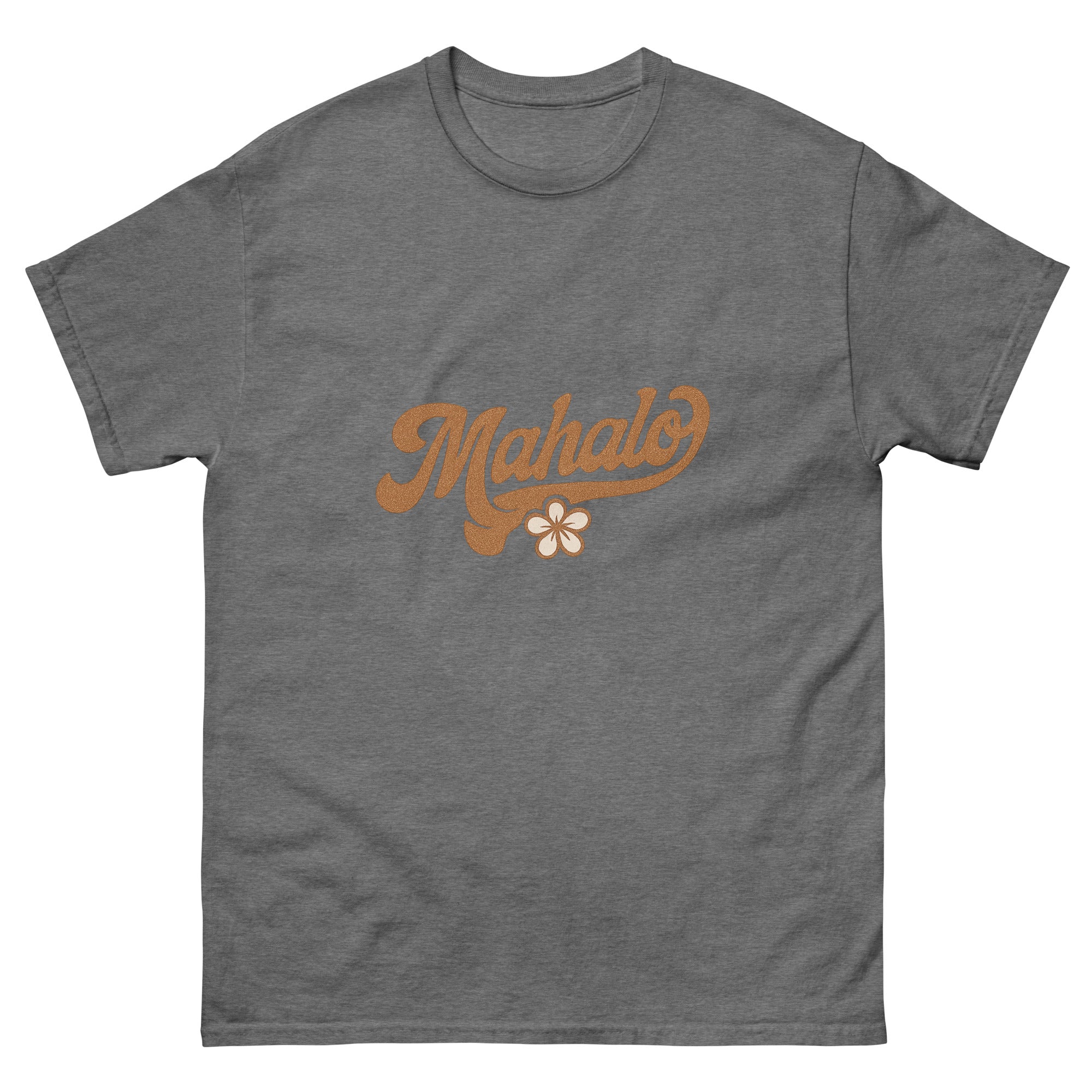 Mahalo Hawaiian t-shirt design on a Graphite Heather unisex tee