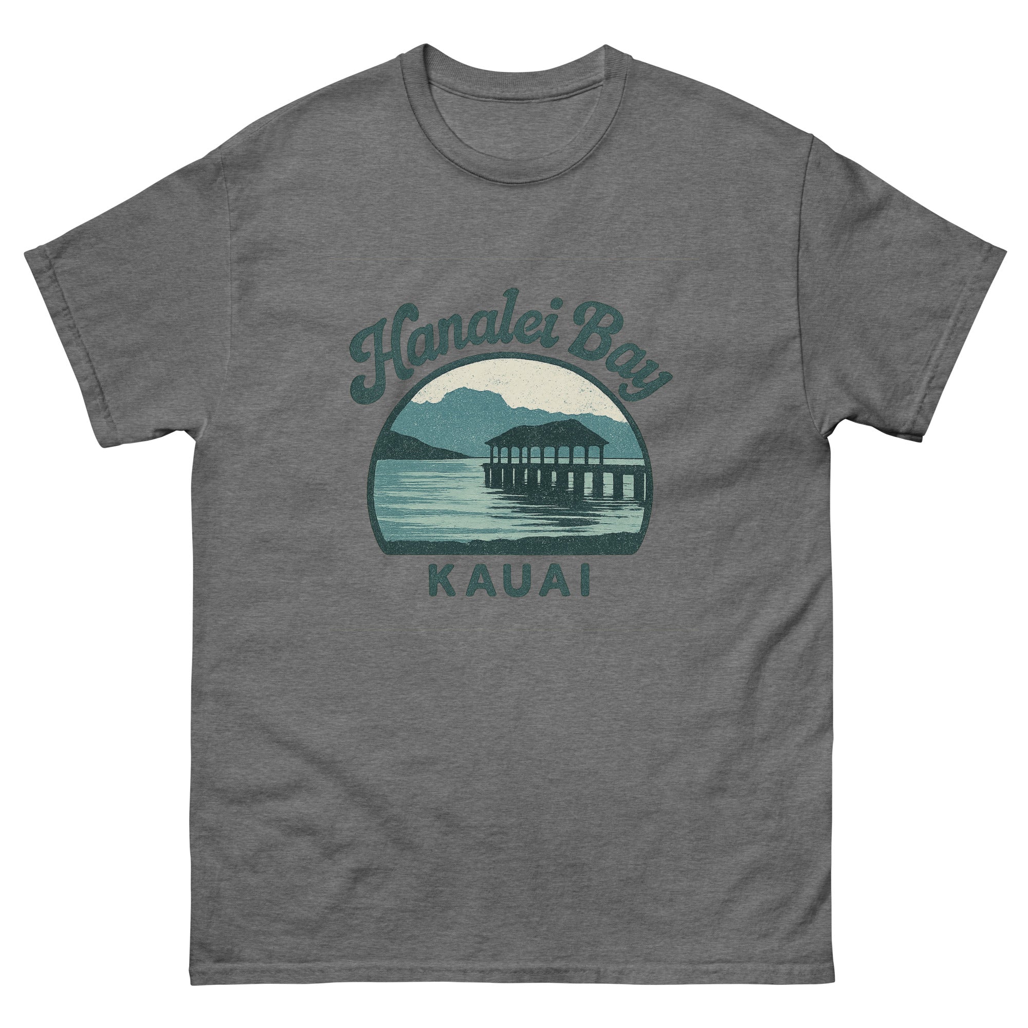 Hanalei Bay Hawaiian t-shirt design on a Graphite Heather unisex tee
