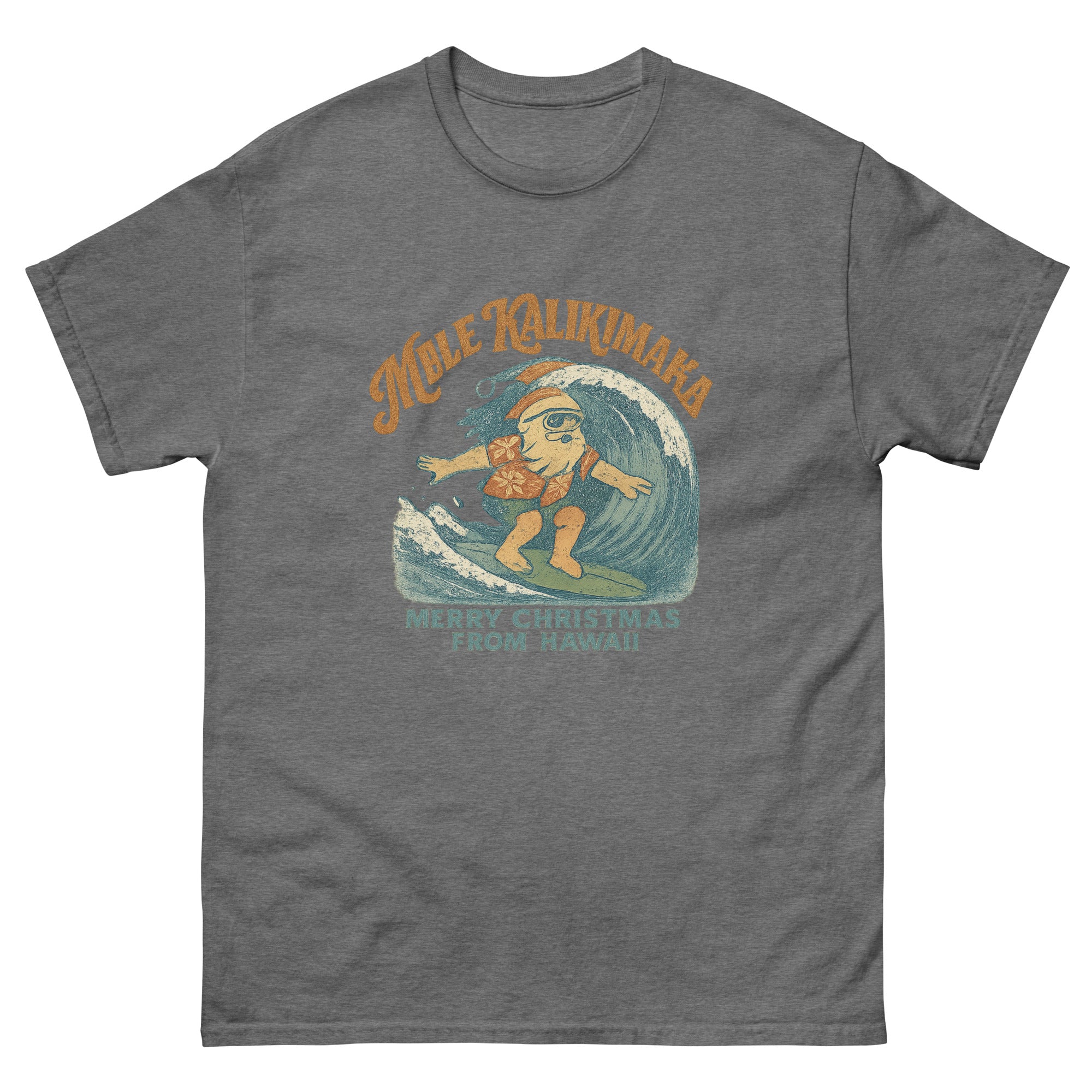 Mele Kalikimaka Hawaiian t-shirt design on a Graphite Heather unisex tee