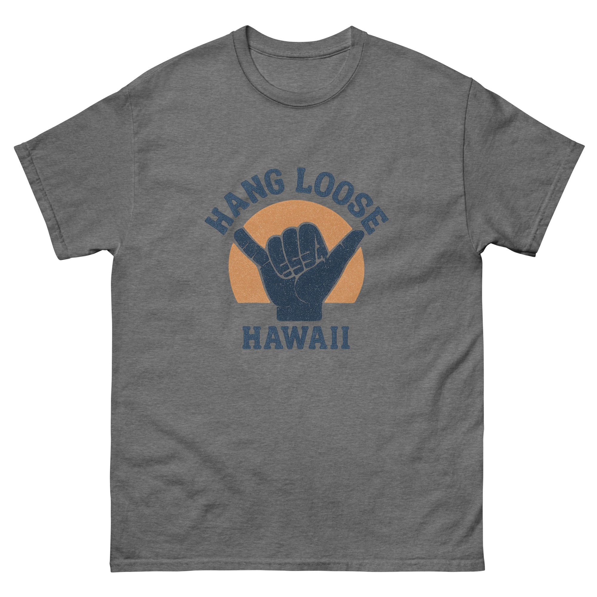 Hang Loose Shaka Hawaiian t-shirt design on a Graphite Heather unisex tee