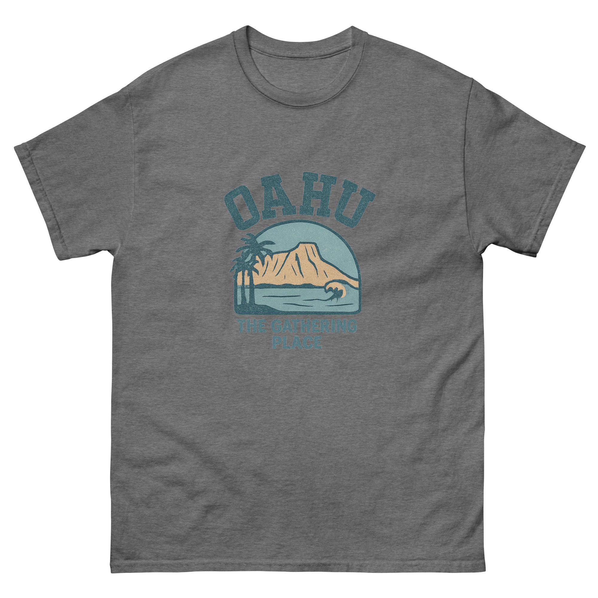 Oahu Hawaiian t-shirt design on a Graphite Heather unisex tee