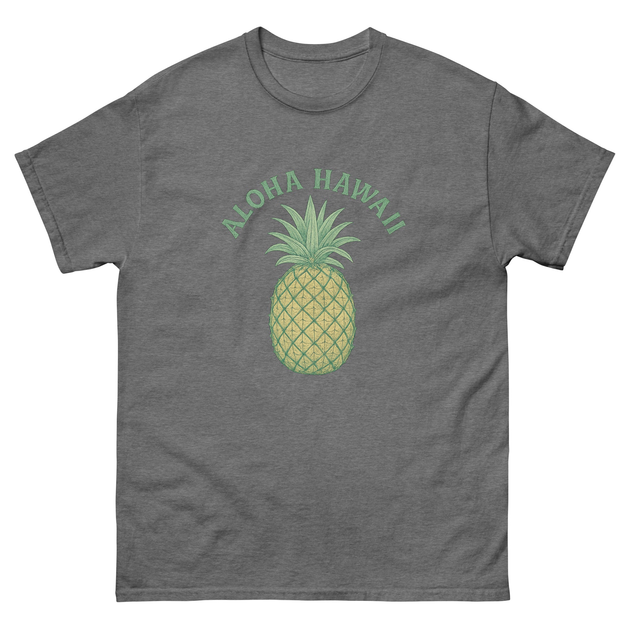 Pineapple Hawaiian t-shirt design on a Graphite Heather unisex tee