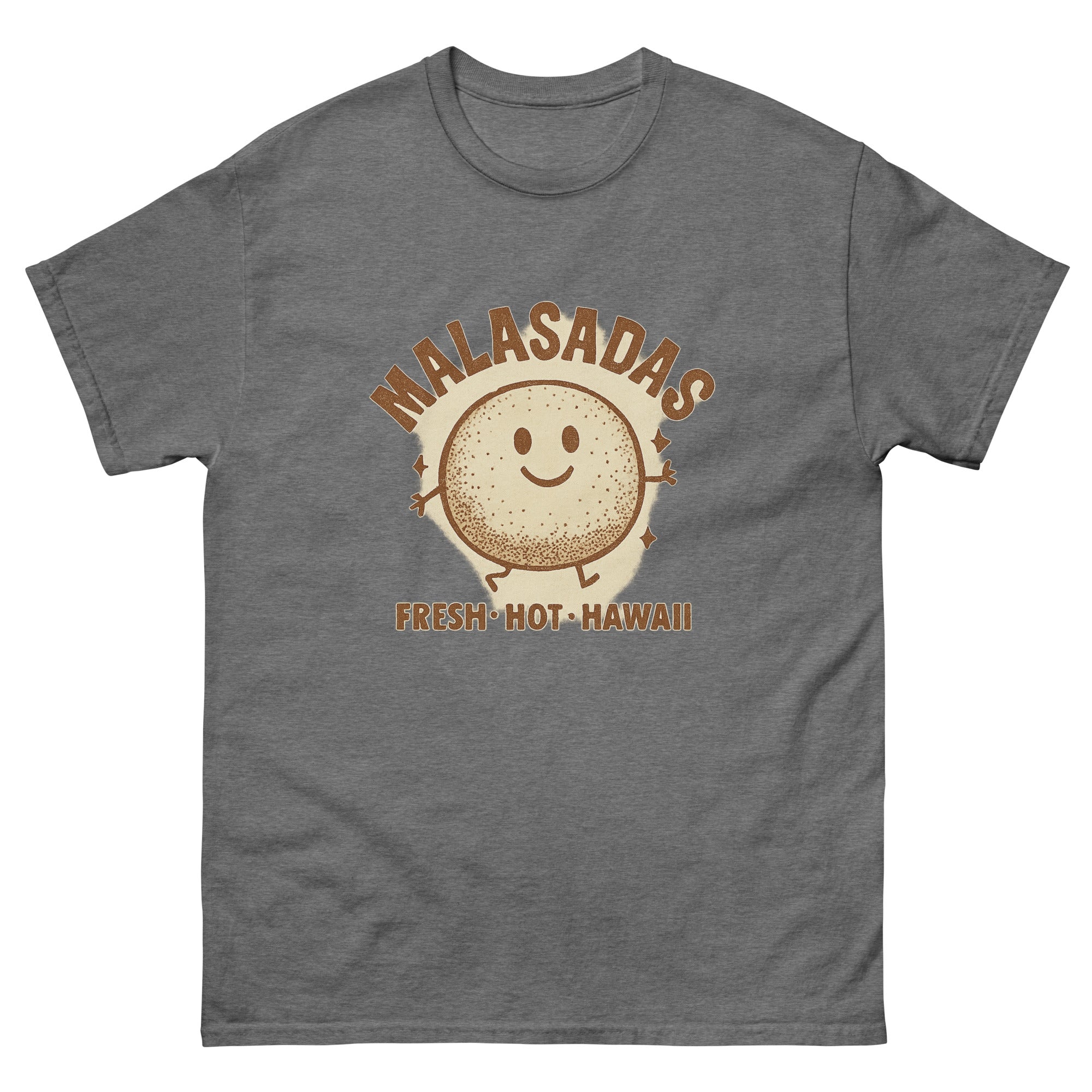 Malasada Hawaiian t-shirt design on a Graphite Heather unisex tee