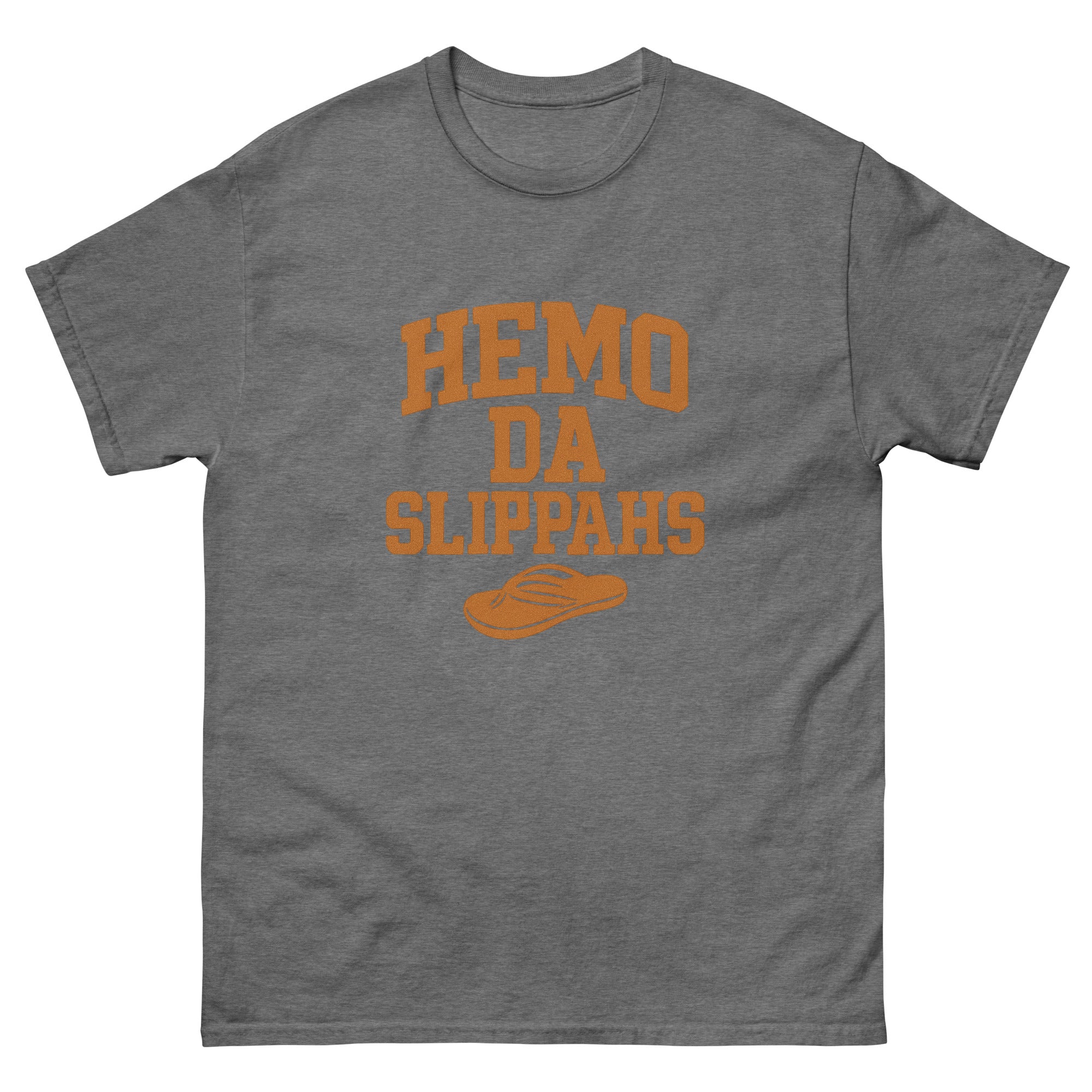 Hemo Da Slippahs Hawaiian t-shirt design on a Graphite Heather unisex tee