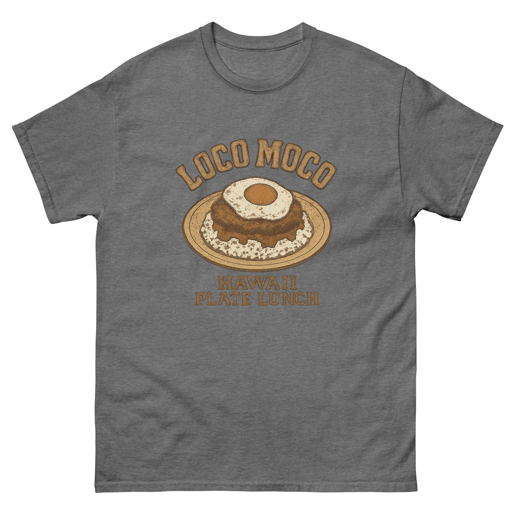 Loco Moco Hawaiian t-shirt design on a Graphite Heather unisex tee
