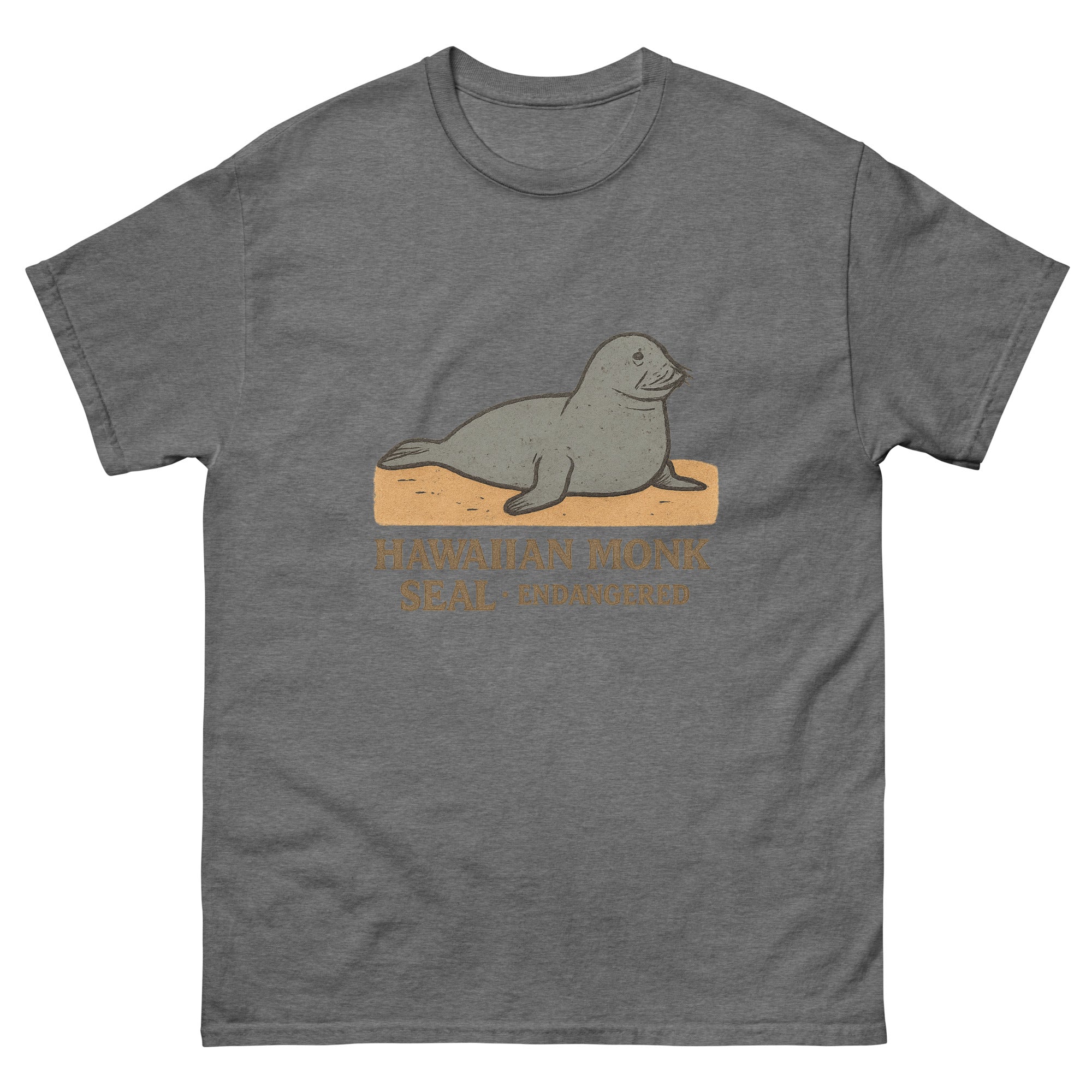 Monk Seal Hawaiian t-shirt design on a Graphite Heather unisex tee