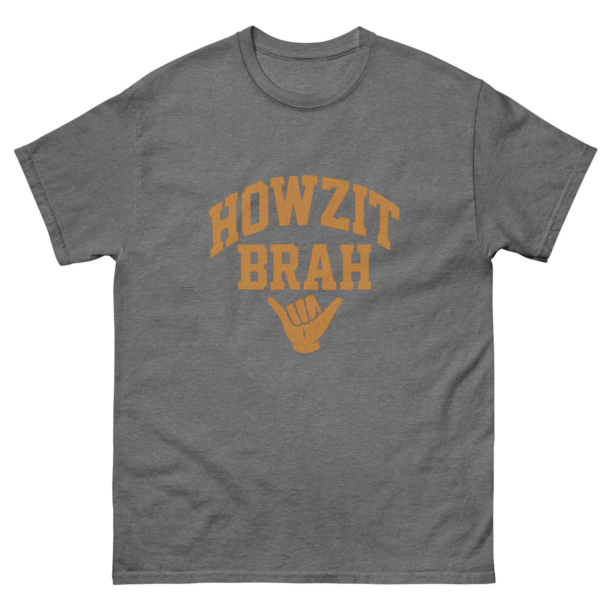 Howzit Brah Hawaiian t-shirt design on a Graphite Heather unisex tee