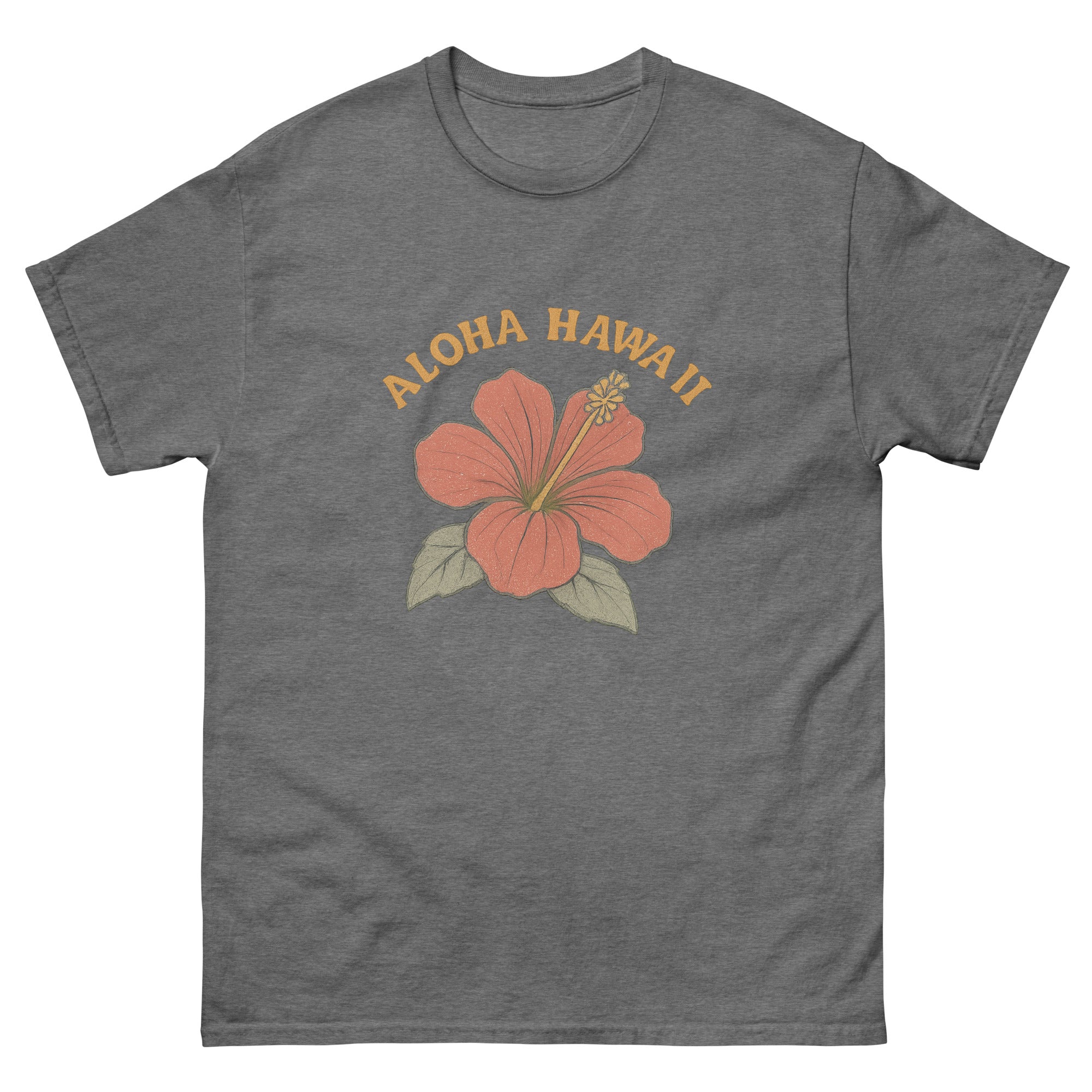 Hibiscus Hawaiian t-shirt design on a Graphite Heather unisex tee