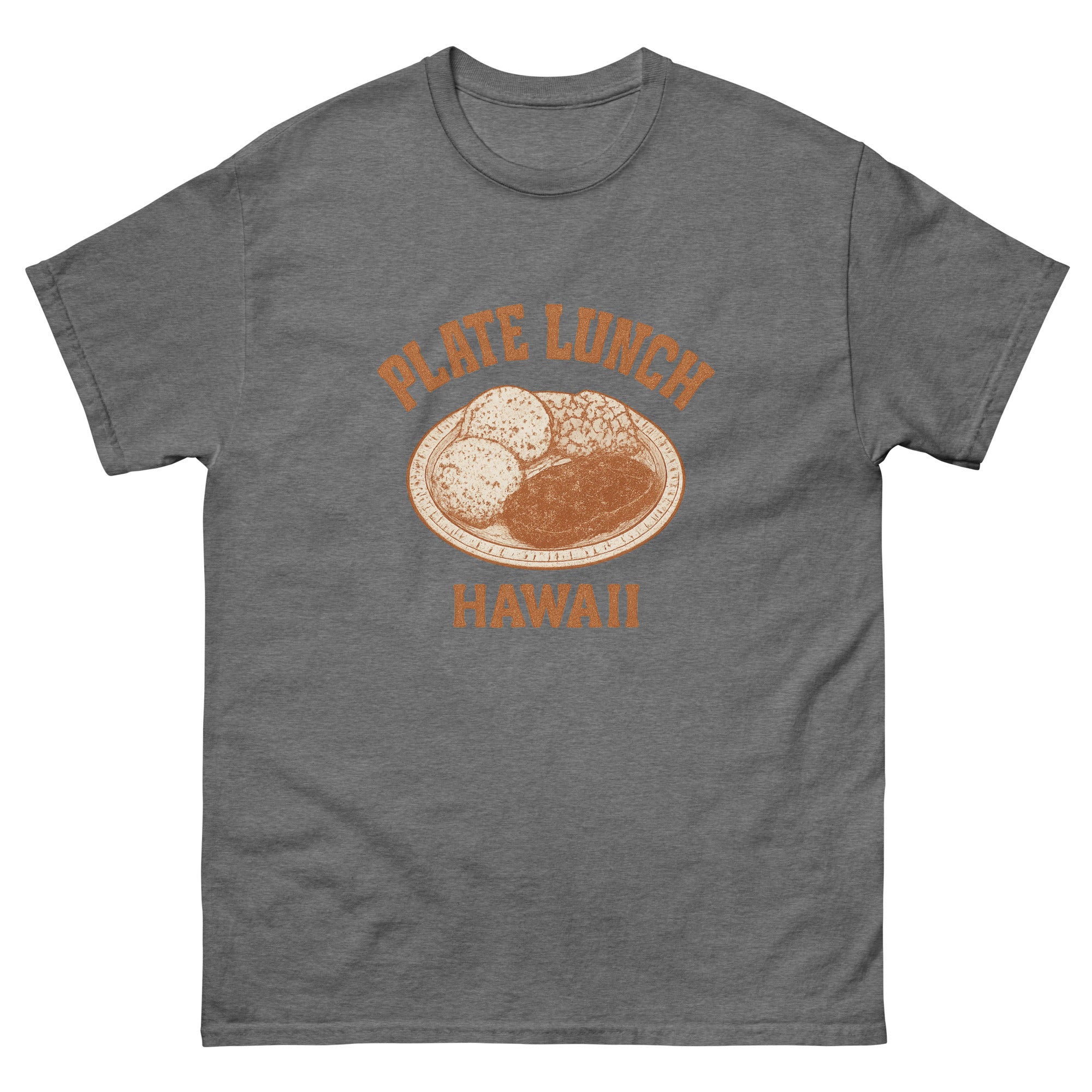 Plate Lunch Hawaiian t-shirt design on a Graphite Heather unisex tee