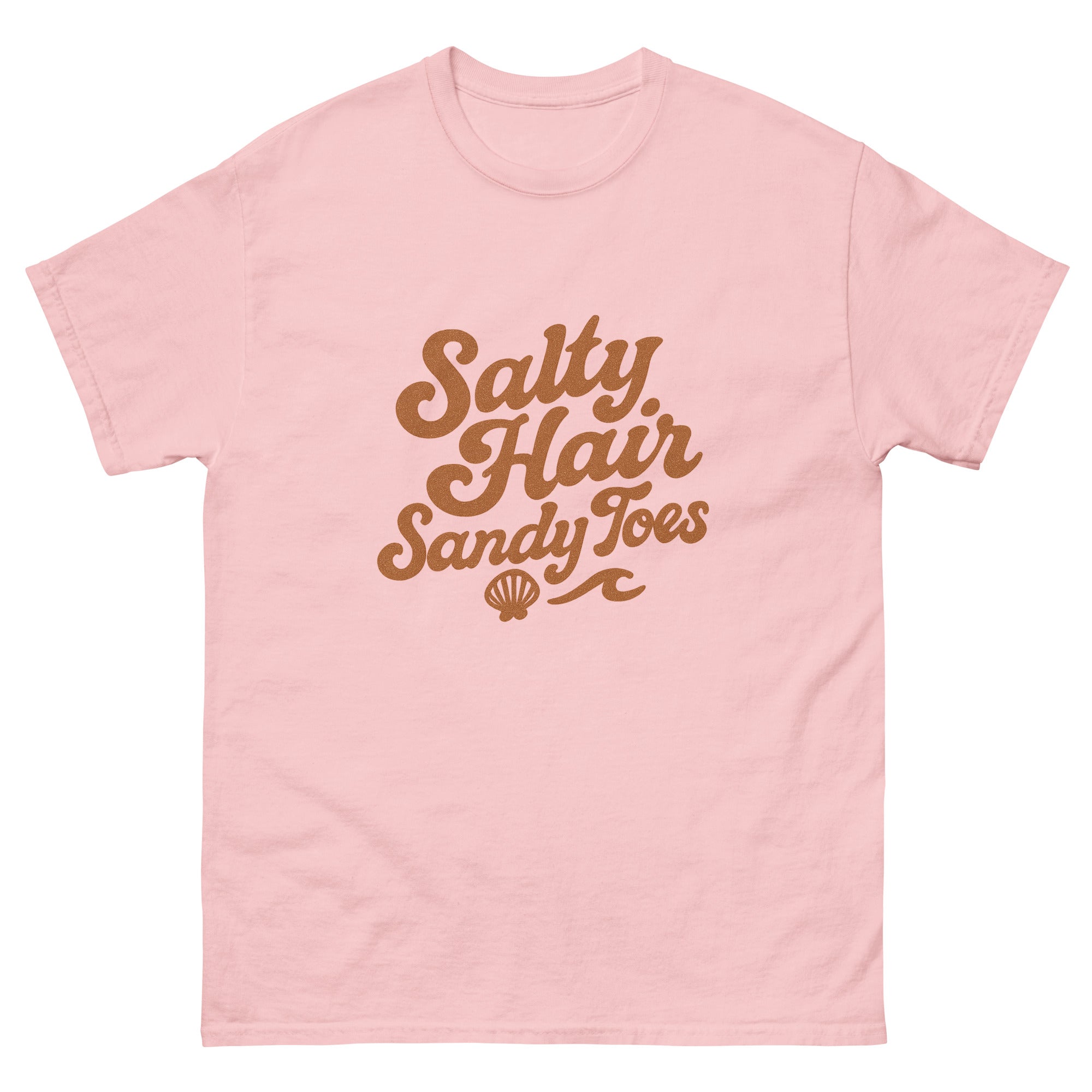 Salty Hair Sandy Toes Hawaiian t-shirt design on a Light Pink unisex tee