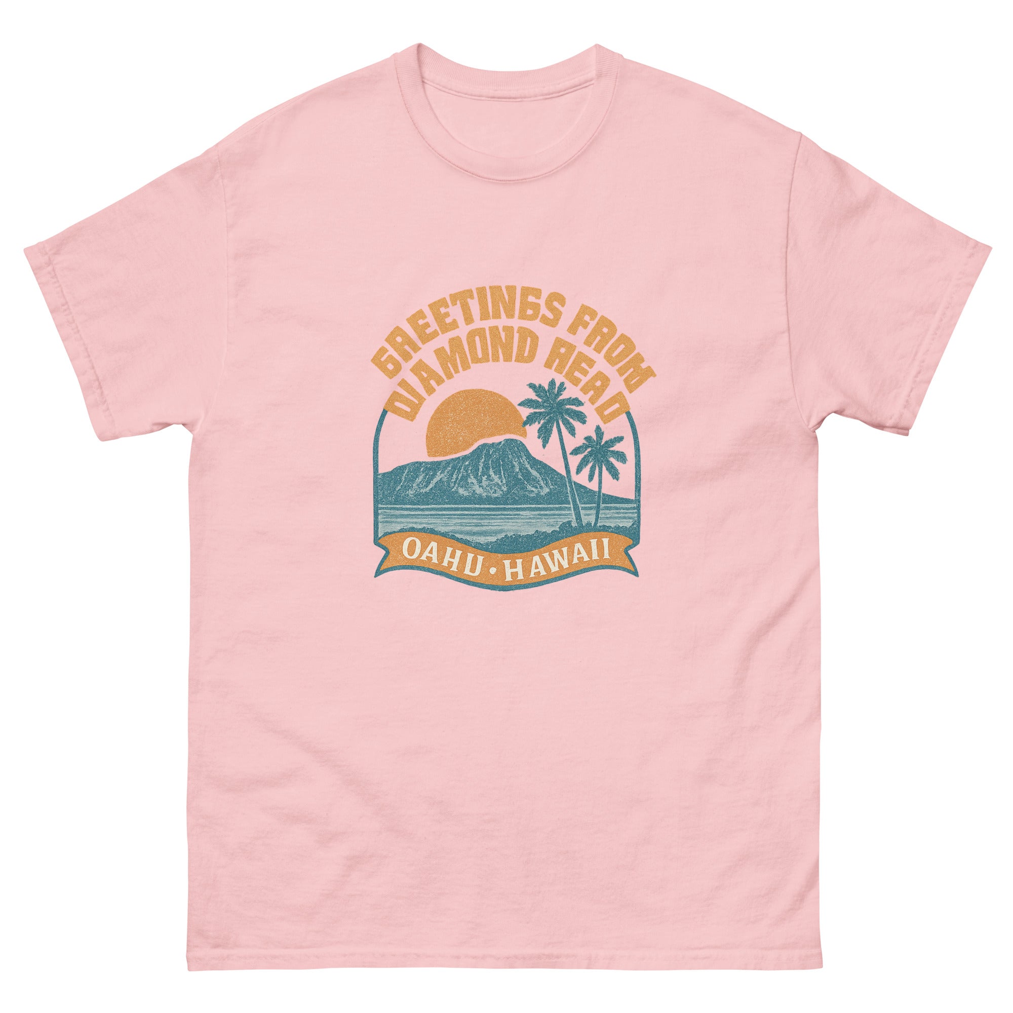 Diamond Head Hawaiian t-shirt design on a Light Pink unisex tee