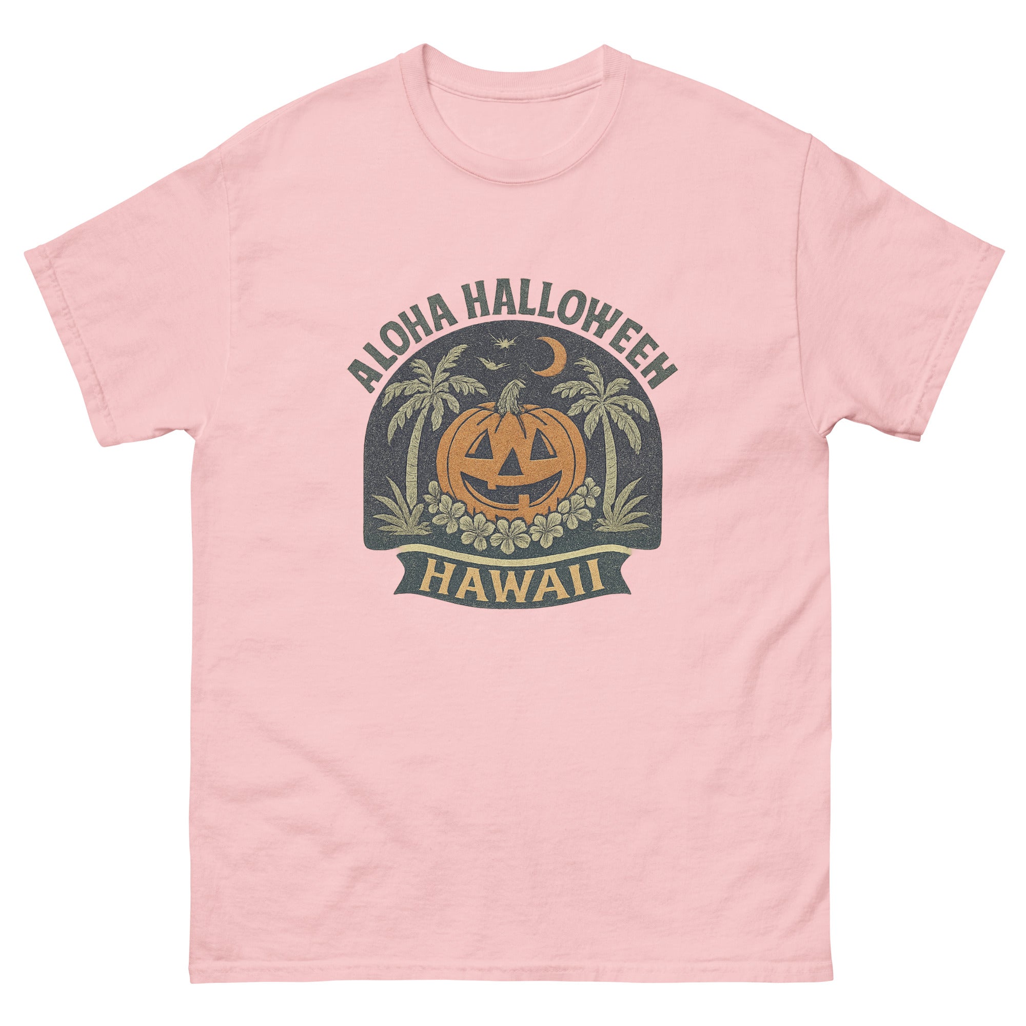 Aloha Halloween Hawaiian t-shirt design on a Light Pink unisex tee