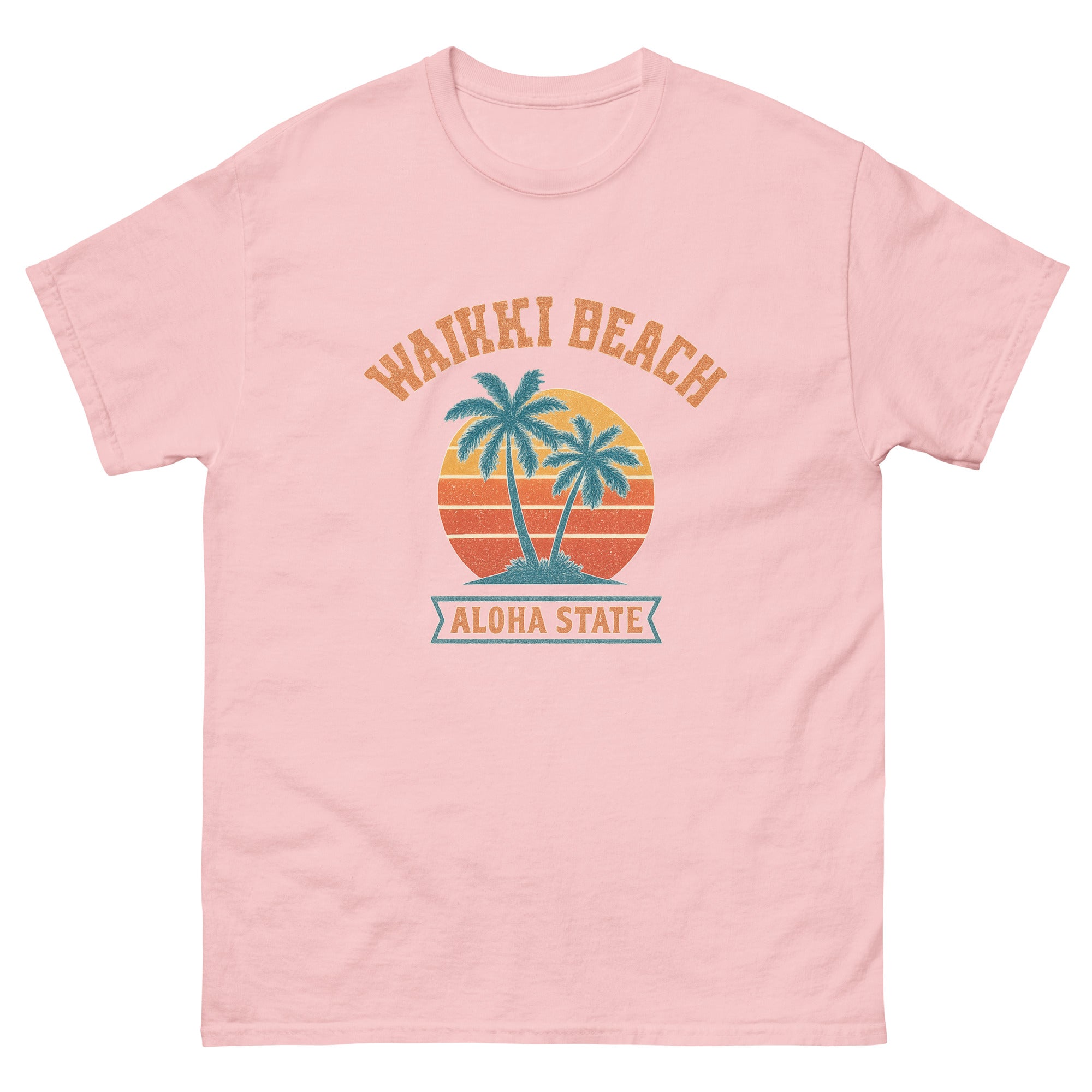 Waikiki Sunset Hawaiian t-shirt design on a Light Pink unisex tee