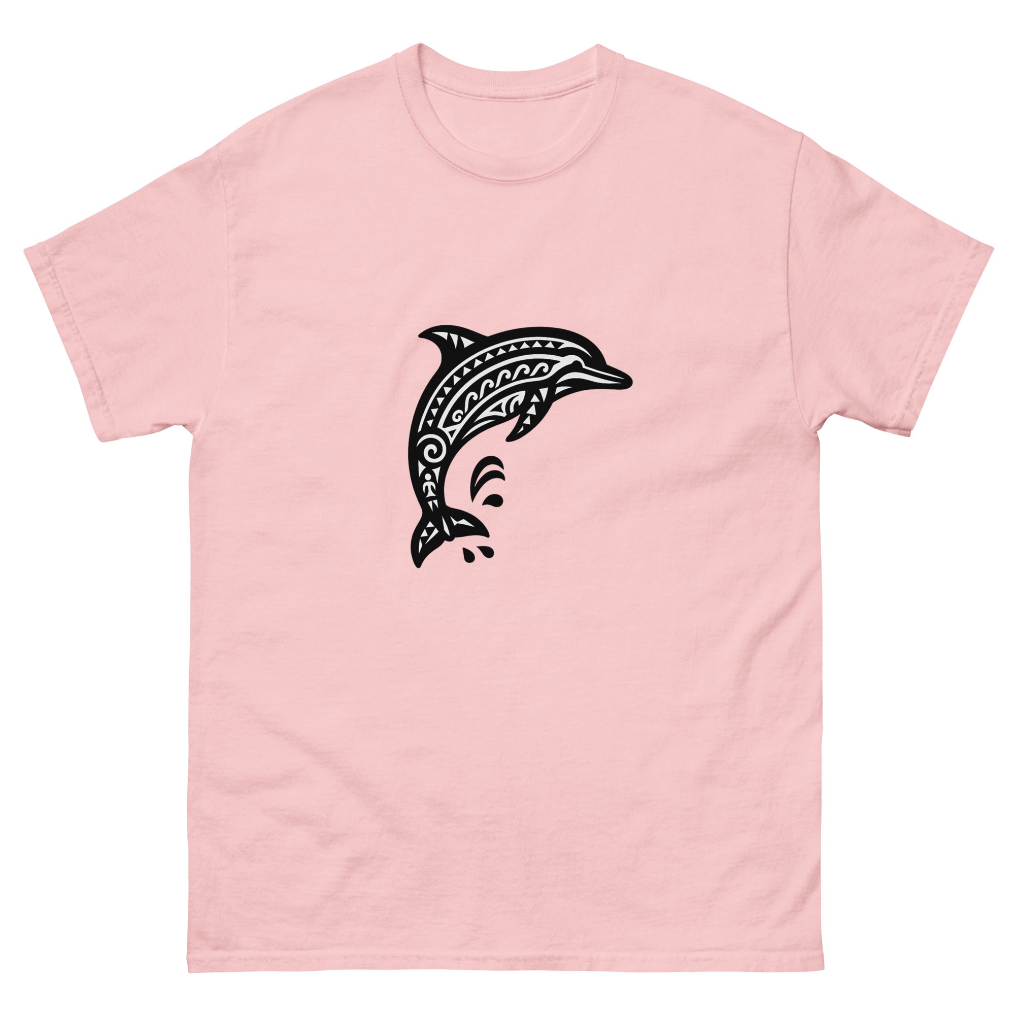 Naia Dolphin Hawaiian t-shirt design on a Light Pink unisex tee