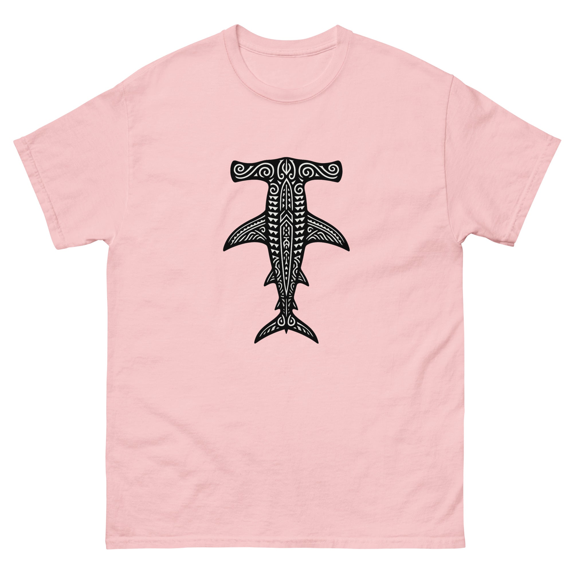 Mano Kihikihi Hammerhead Hawaiian t-shirt design on a Light Pink unisex tee