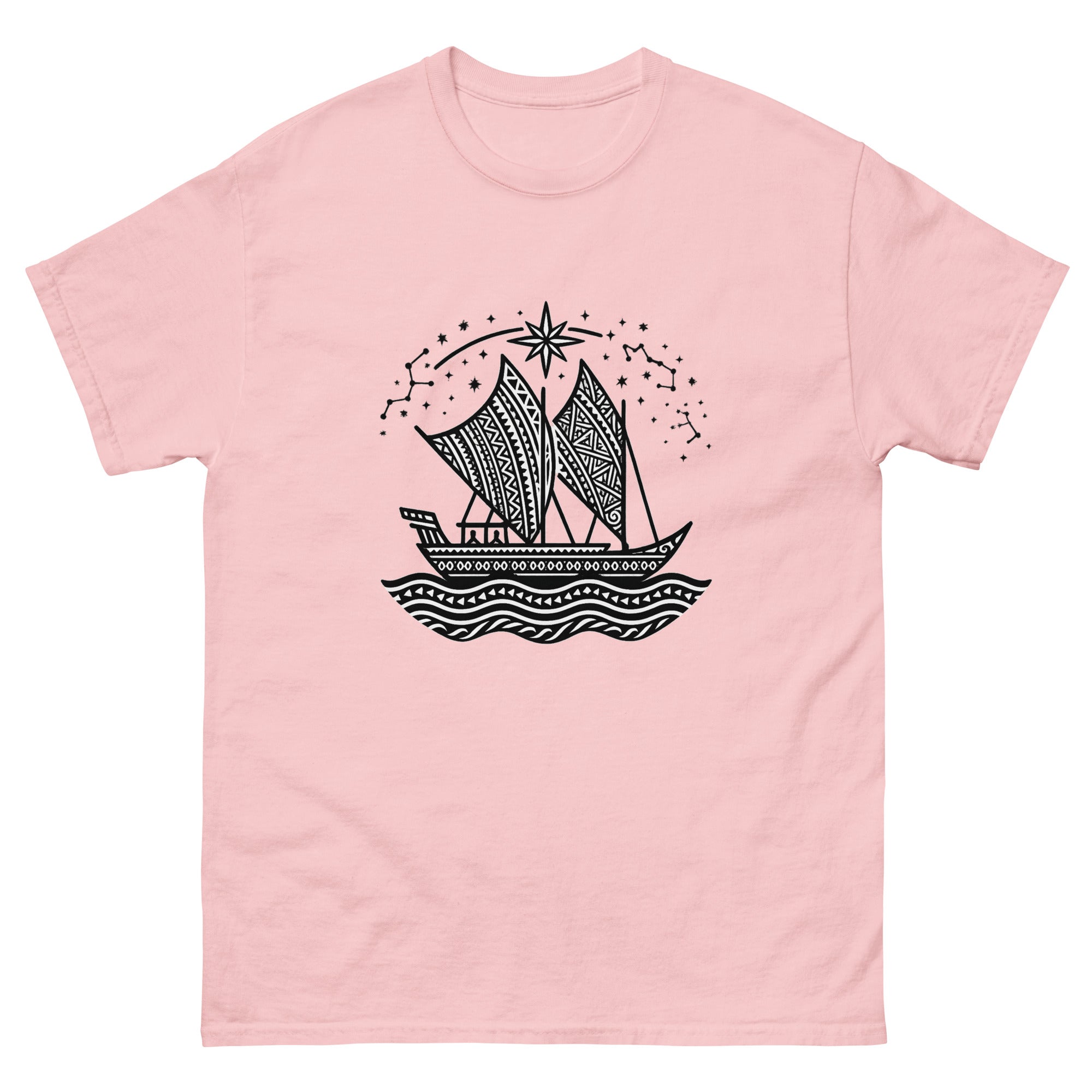 Waa Kaulua Wayfinder Hawaiian t-shirt design on a Light Pink unisex tee