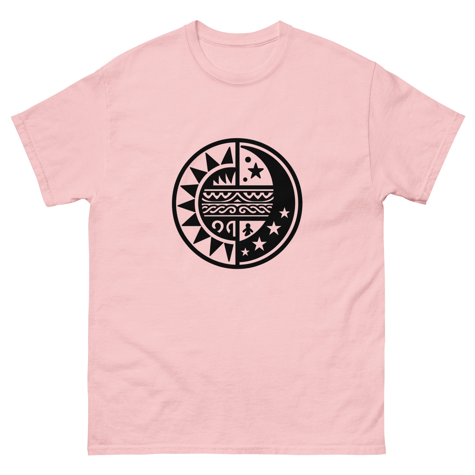 La Mahina Sun Moon Hawaiian t-shirt design on a Light Pink unisex tee