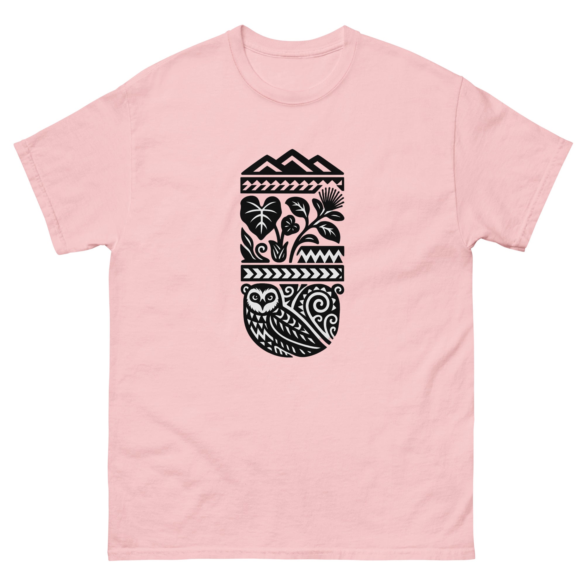 Half Sleeve Land Hawaiian t-shirt design on a Light Pink unisex tee