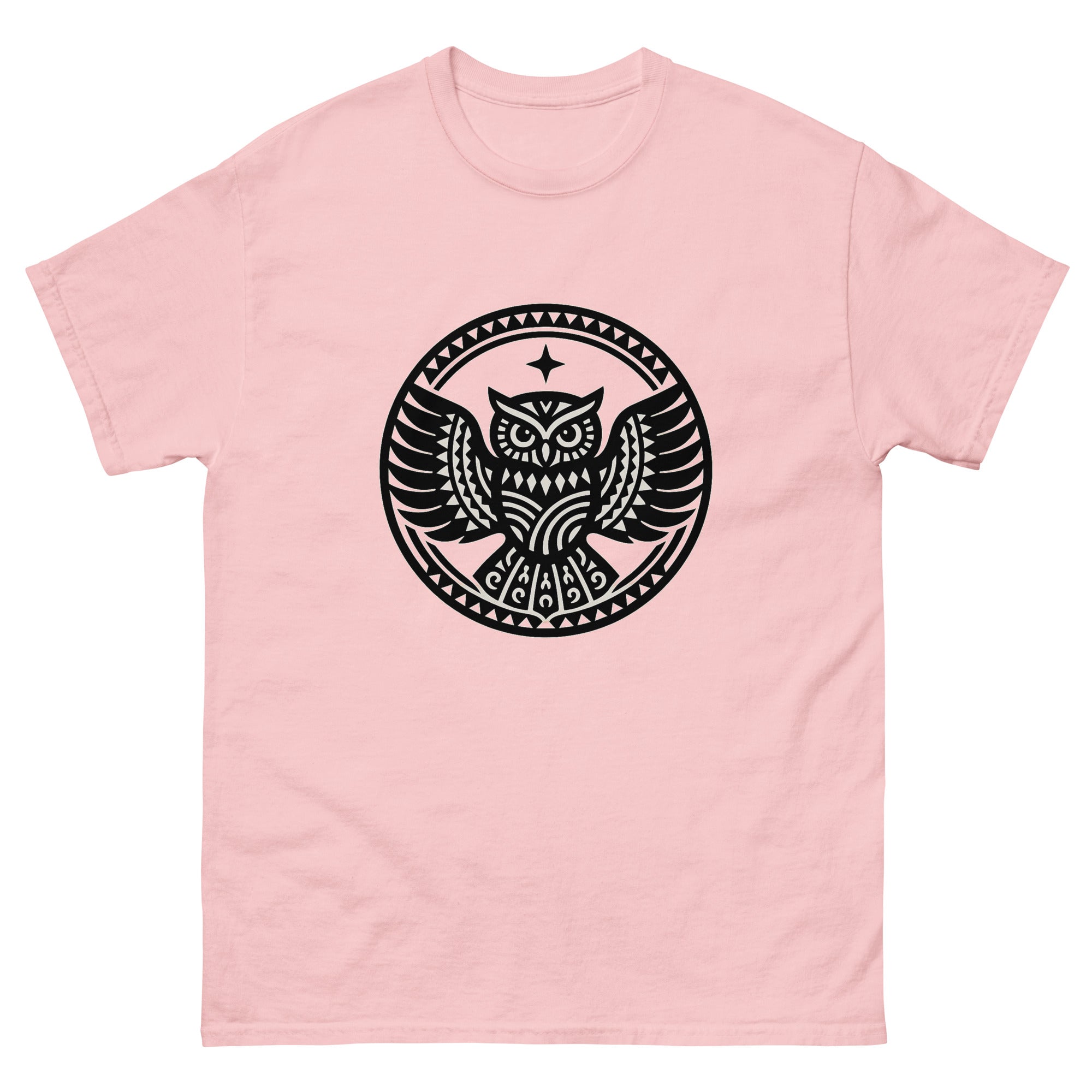 Pueo Aumakua Medallion Hawaiian t-shirt design on a Light Pink unisex tee